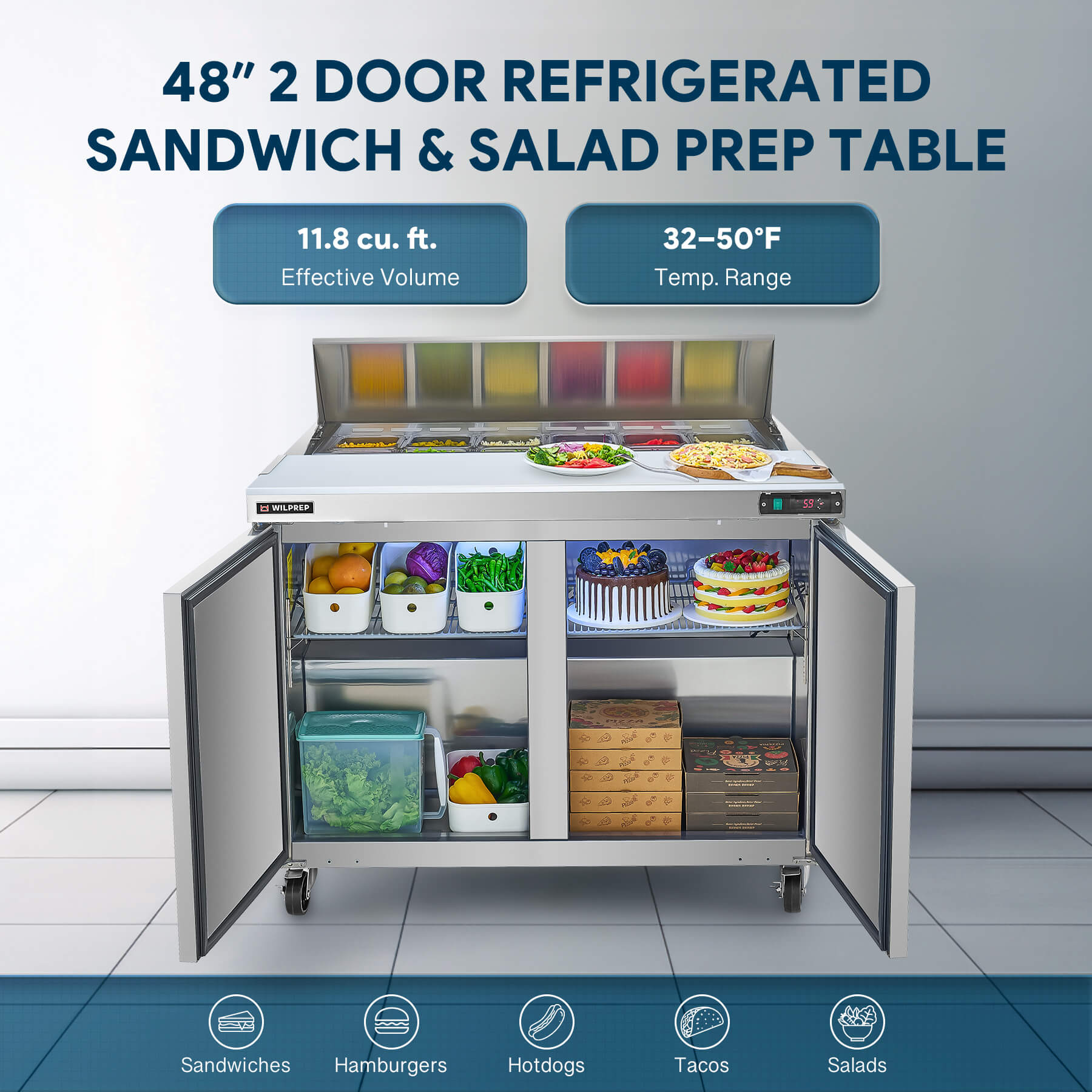 Restaurant-grade refrigerator with 48-inch prep table design and dual-door cold storage