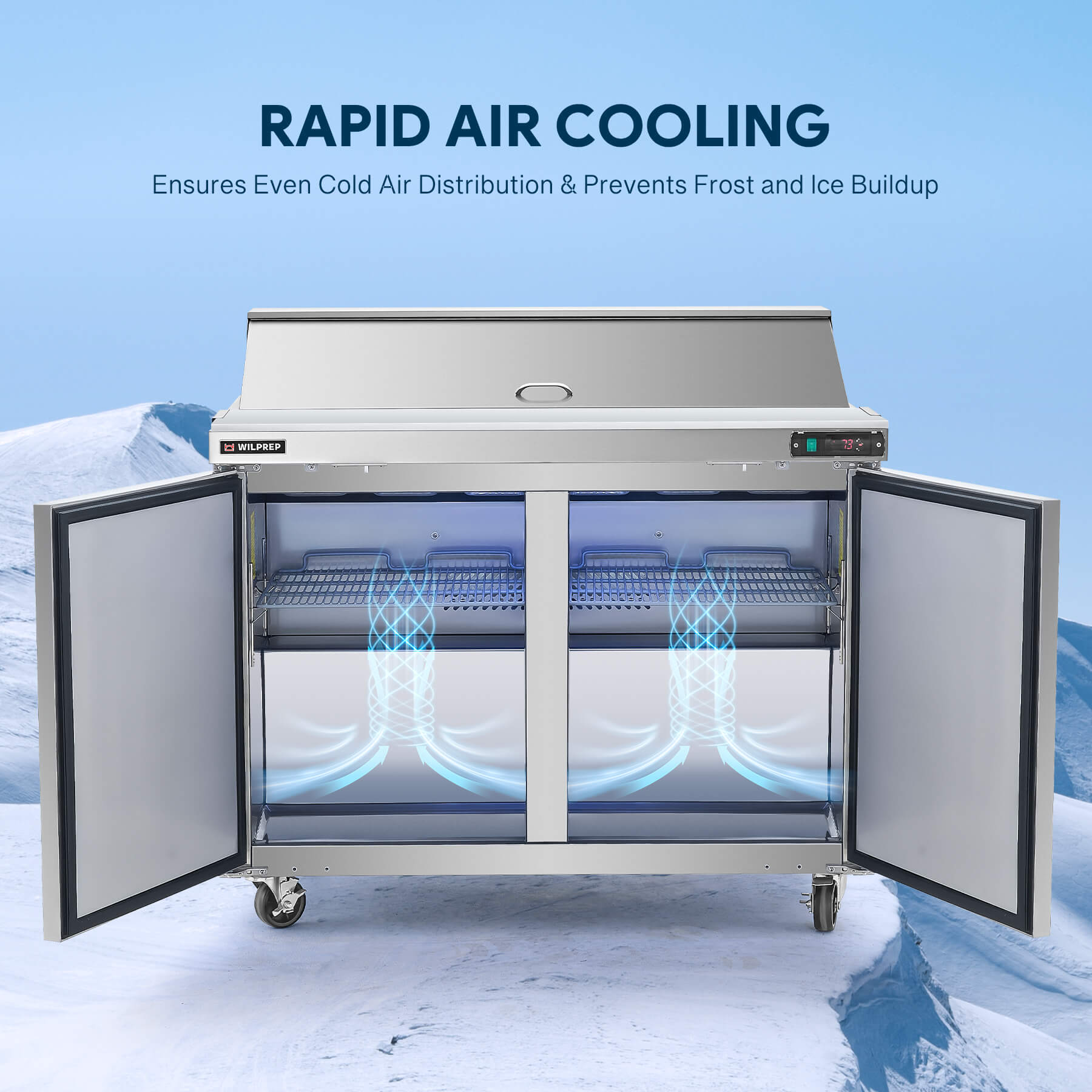 Energy-saving prep table refrigerator with organized refrigerated compartments for fresh ingredients