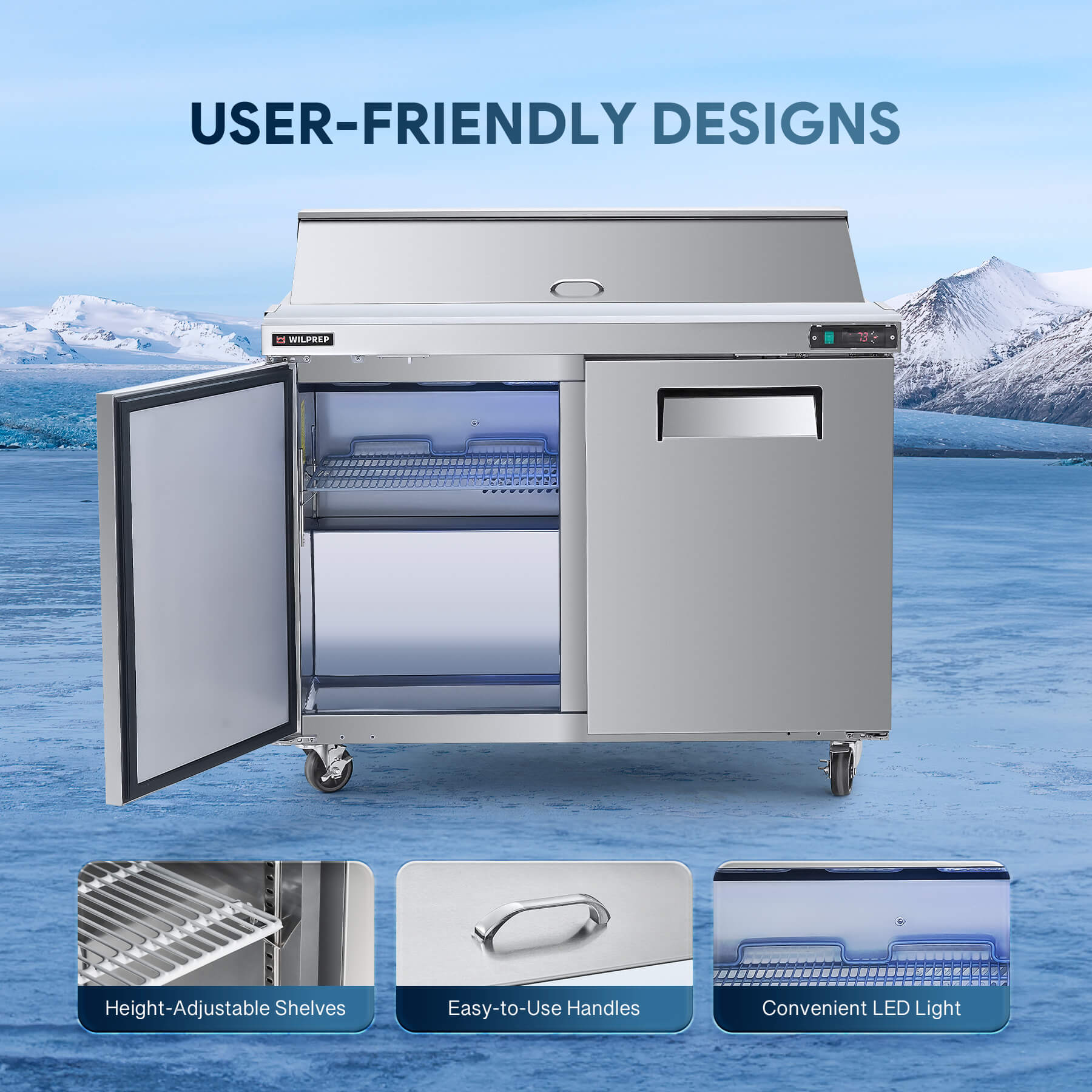 Stainless steel 2 door prep table refrigerator ideal for restaurant and deli kitchen operations