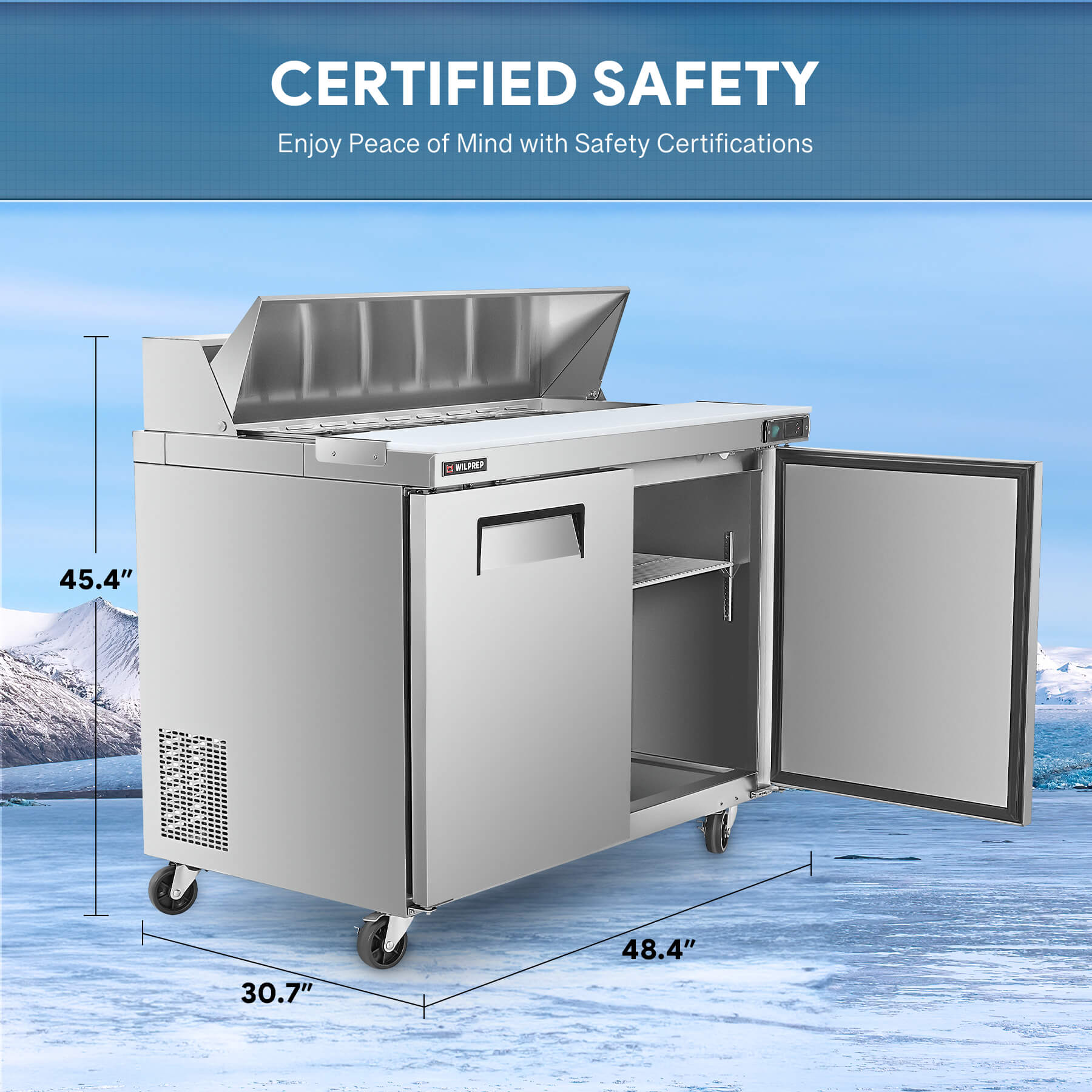 Commercial refrigerator prep table for salads and sandwiches featuring two swing doors and ingredient pans