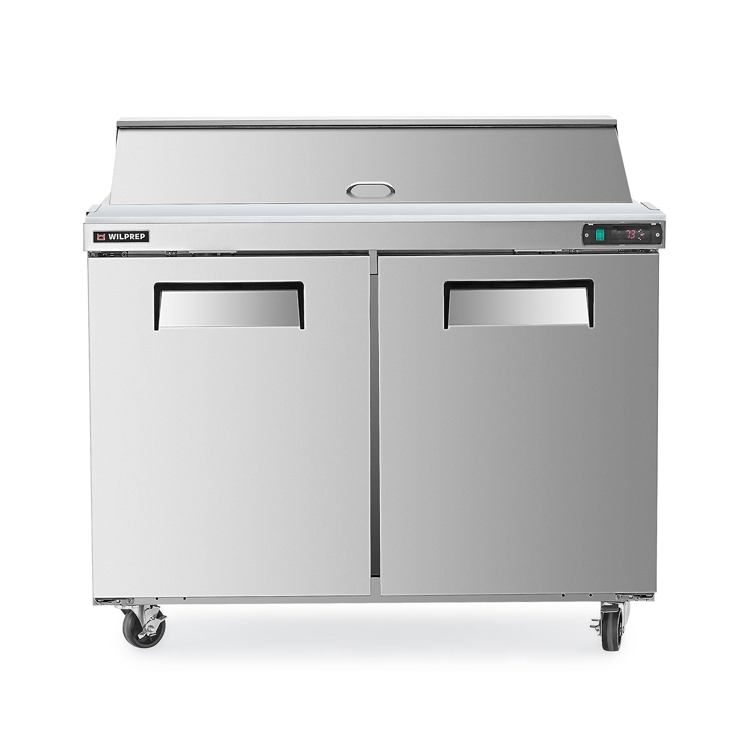 A 48 inch two door stainless steel commercial salad prep table refrigerator with a full-length cutting board on top.