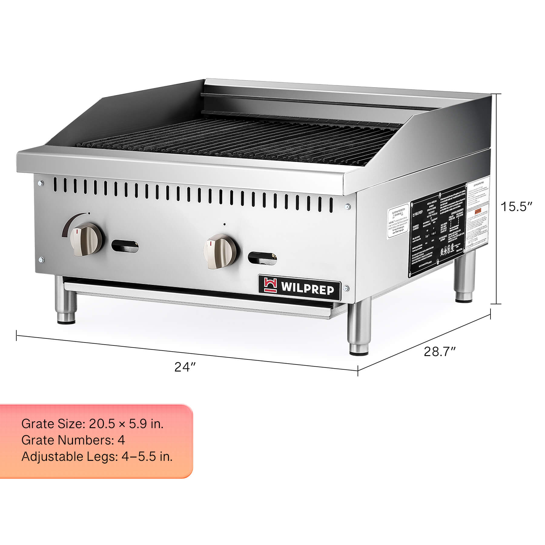 24" Commercial Radiant Charbroiler with 2 35000 BTU U-Shaped Burner