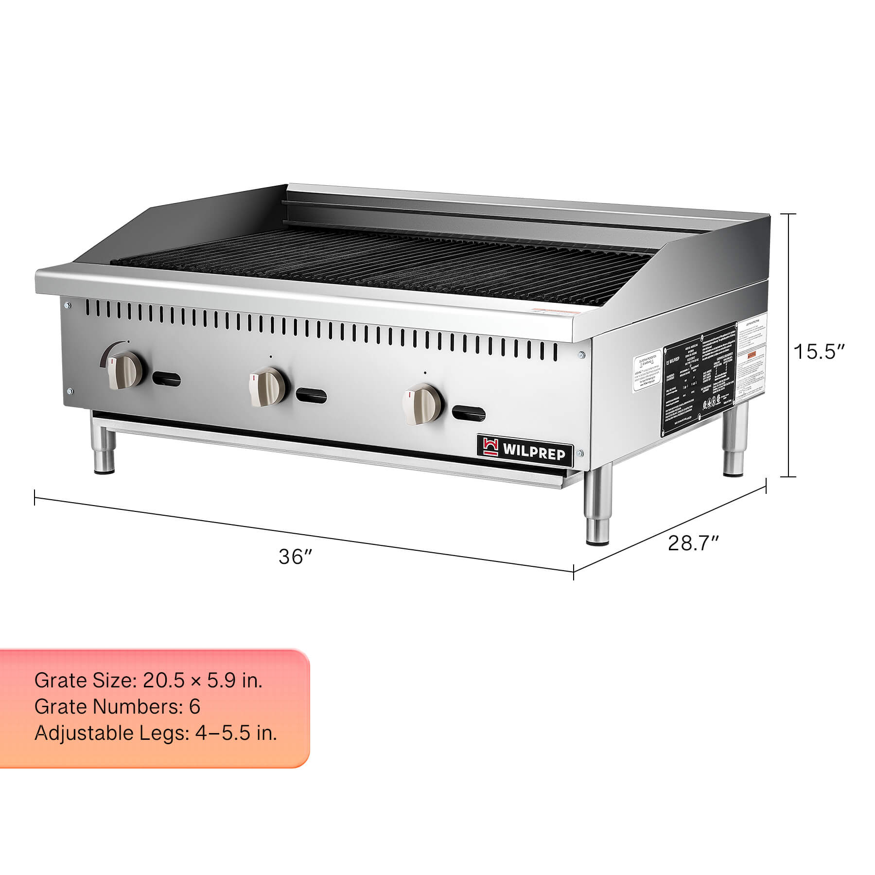 36" Commercial Radiant Charbroiler with 3 35000 BTU U-Shaped Burner
