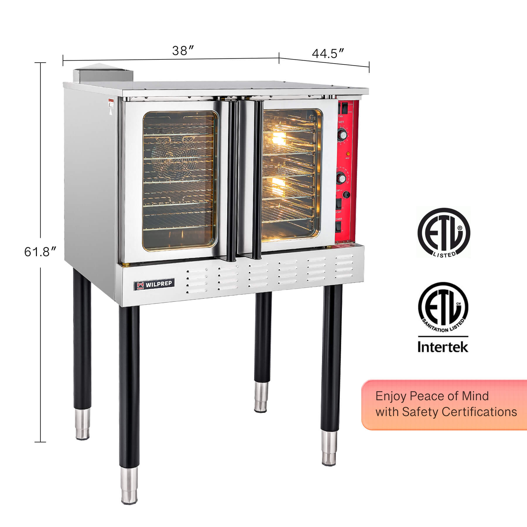 A silver-colored electric commercial convection oven with glass doors and control panel on the right side, mounted on black legs.