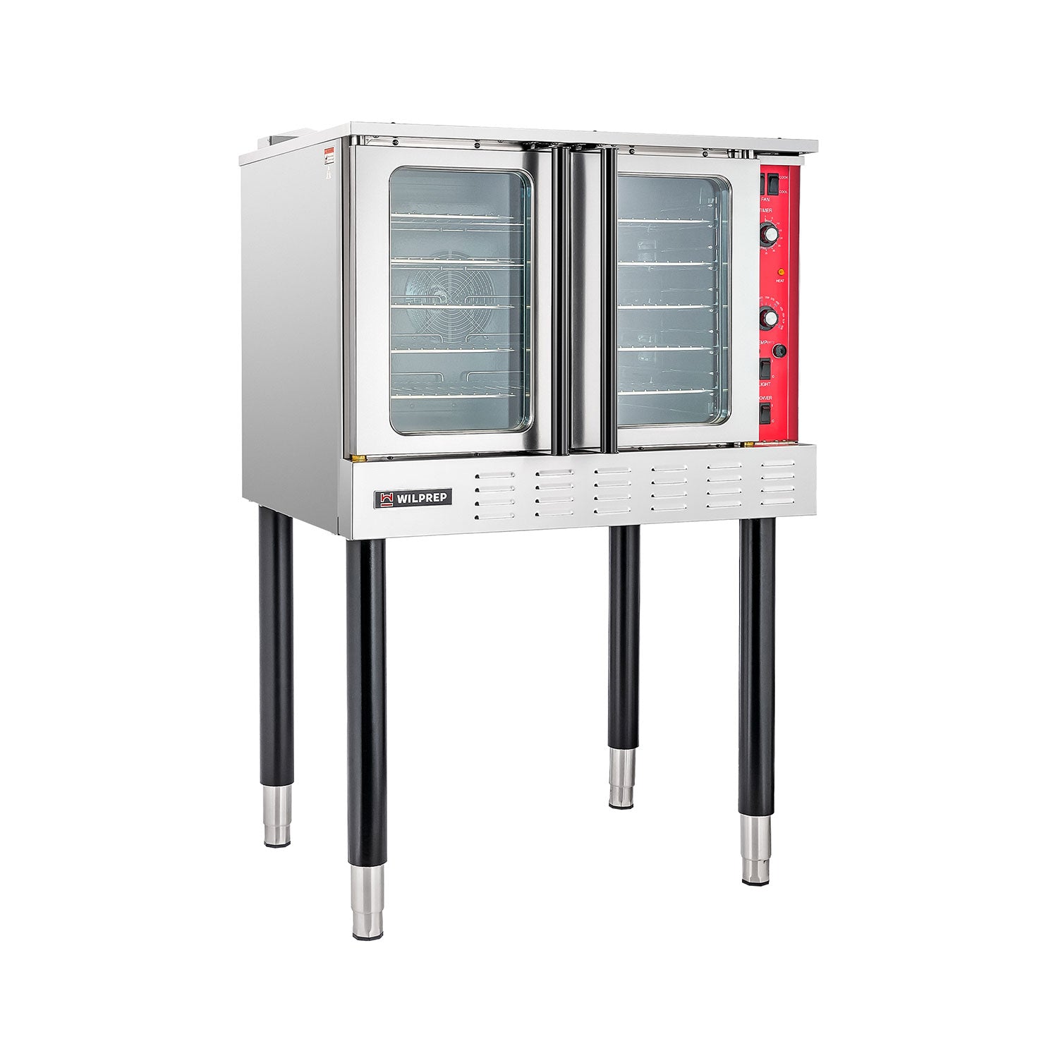 A silver-colored electric commercial convection oven with glass doors and control panel on the right side, mounted on black legs.