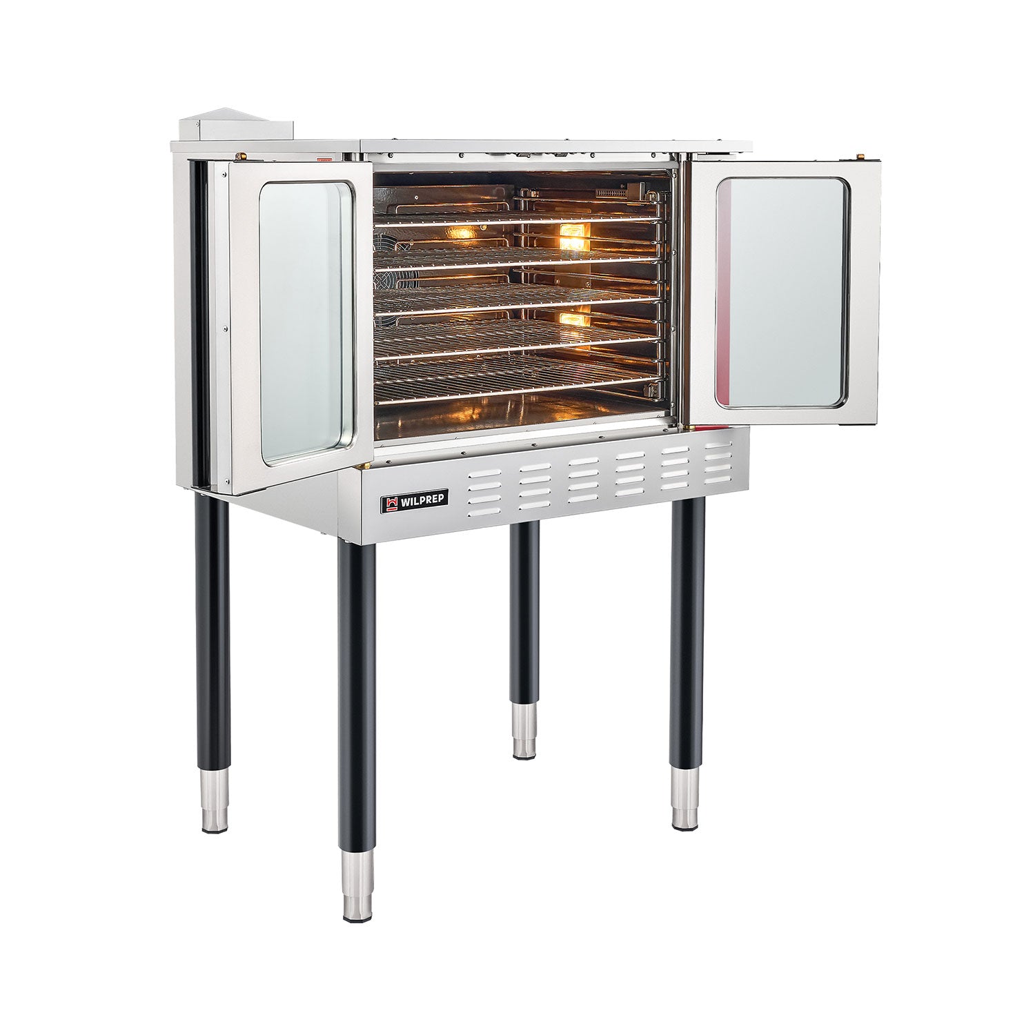 A silver-colored electric commercial convection oven with glass doors and control panel on the right side, mounted on black legs.