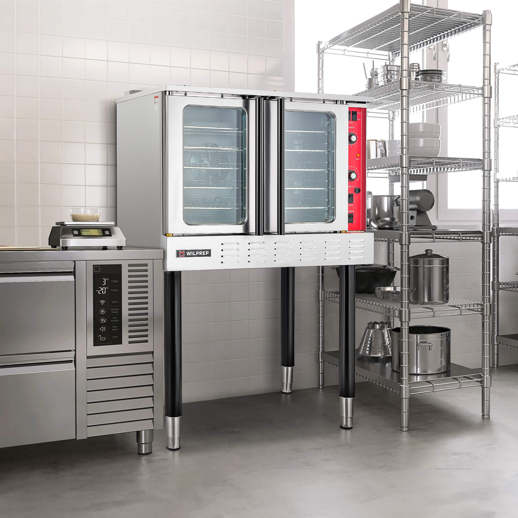 A silver-colored electric commercial convection oven with glass doors and control panel on the right side, mounted on black legs.