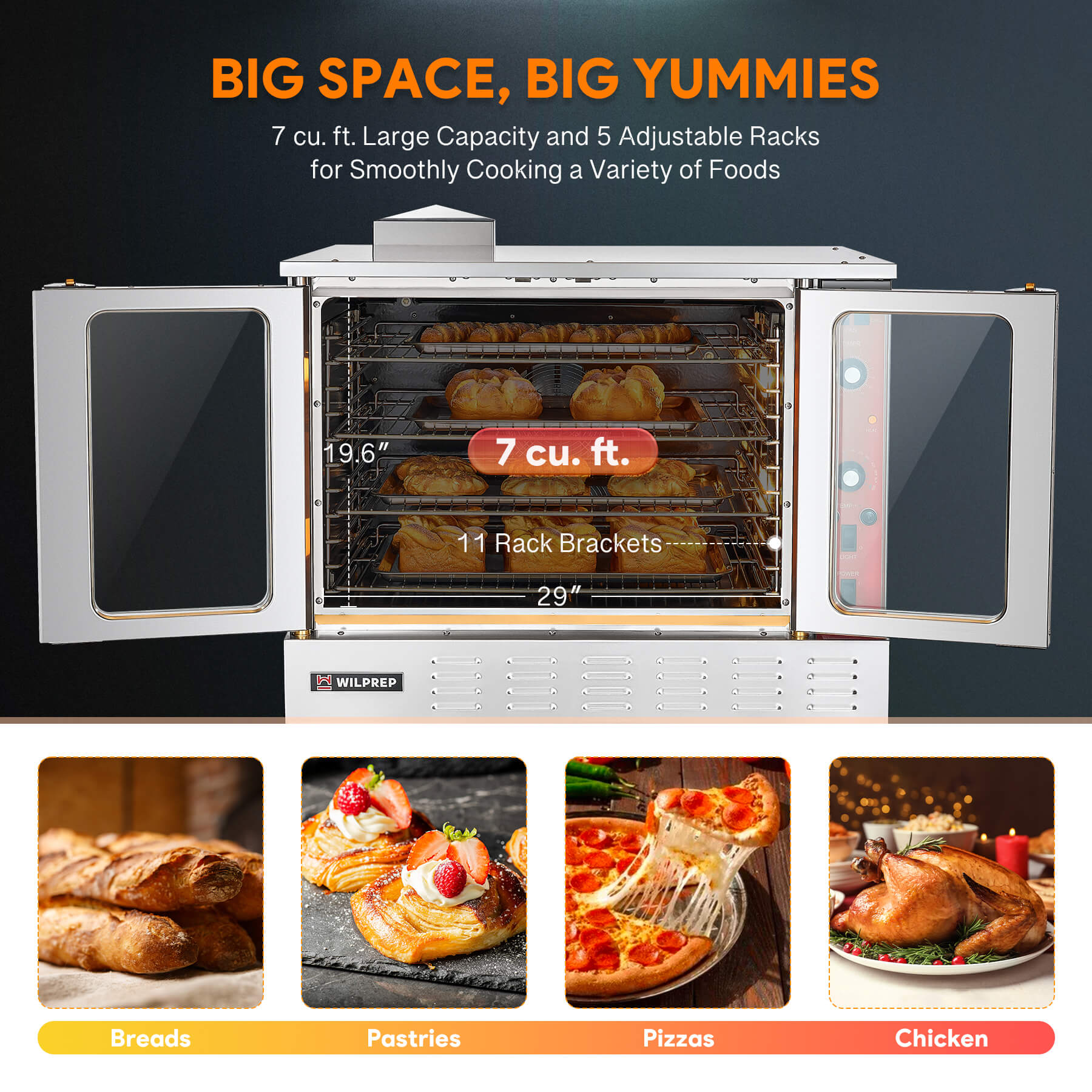 A silver-colored electric commercial convection oven with glass doors and control panel on the right side, mounted on black legs.