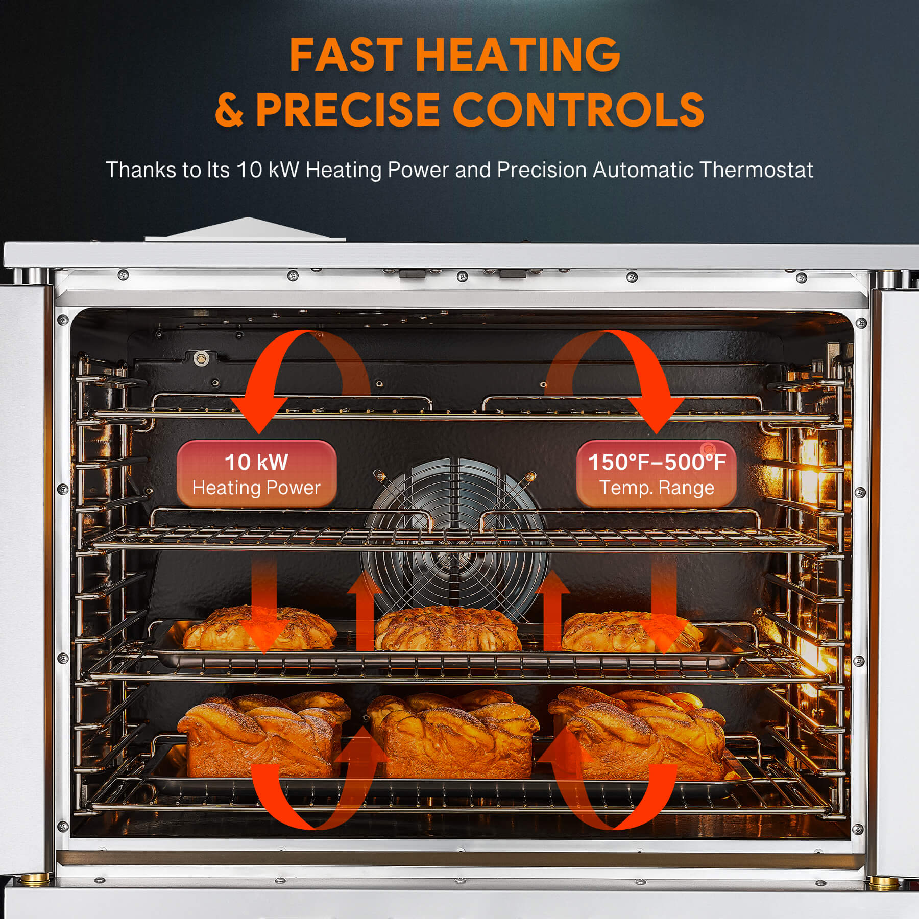 A silver-colored electric commercial convection oven with glass doors and control panel on the right side, mounted on black legs.