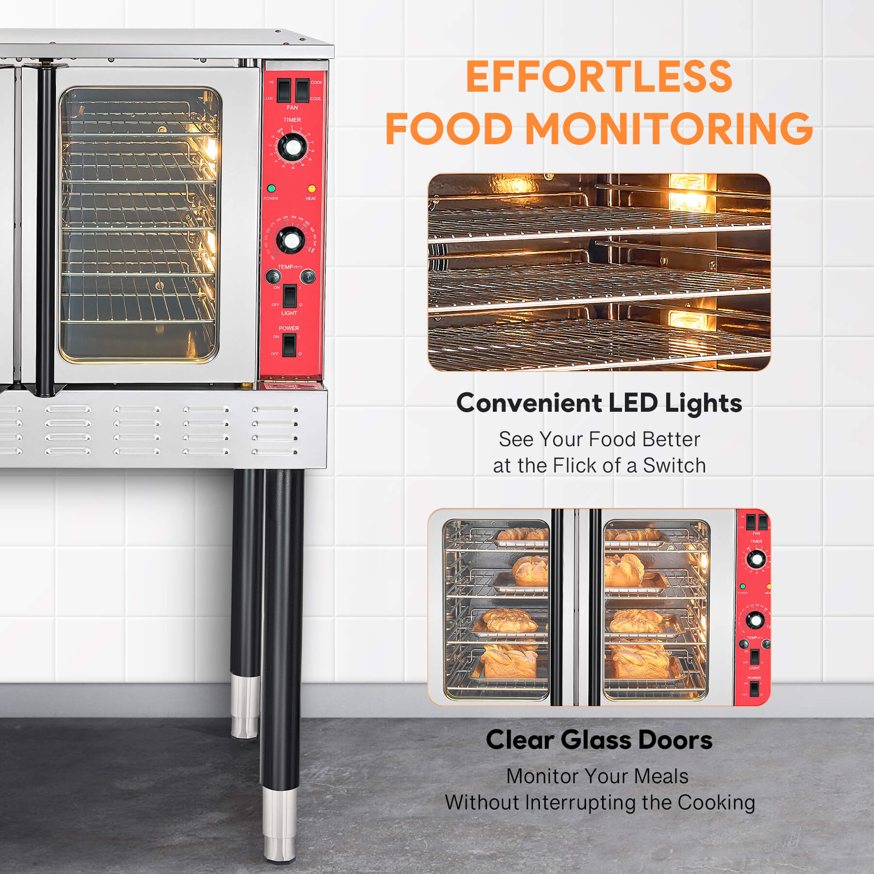 A silver-colored electric commercial convection oven with glass doors and control panel on the right side, mounted on black legs.