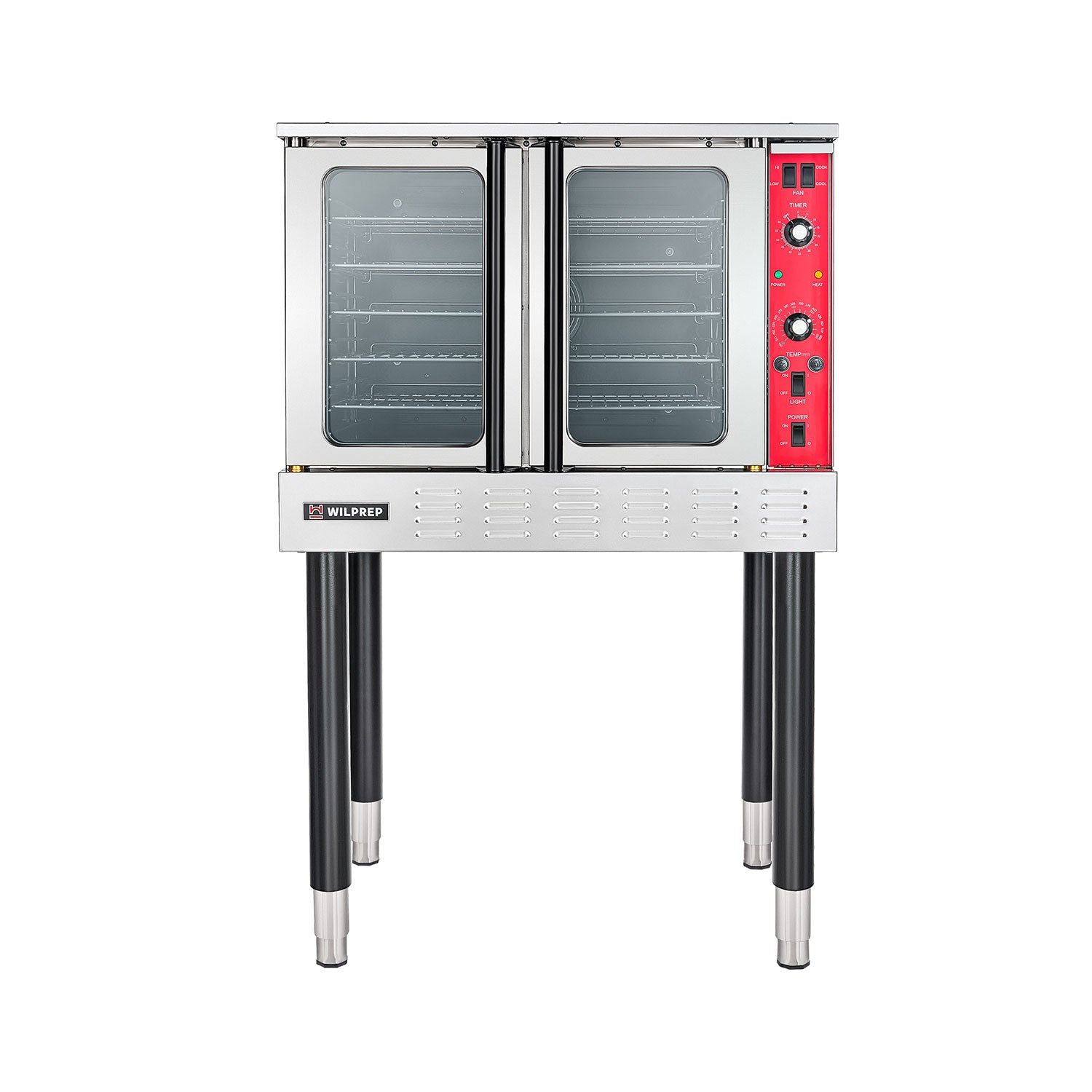 A silver-colored electric commercial convection oven with glass doors and control panel on the right side, mounted on black legs.