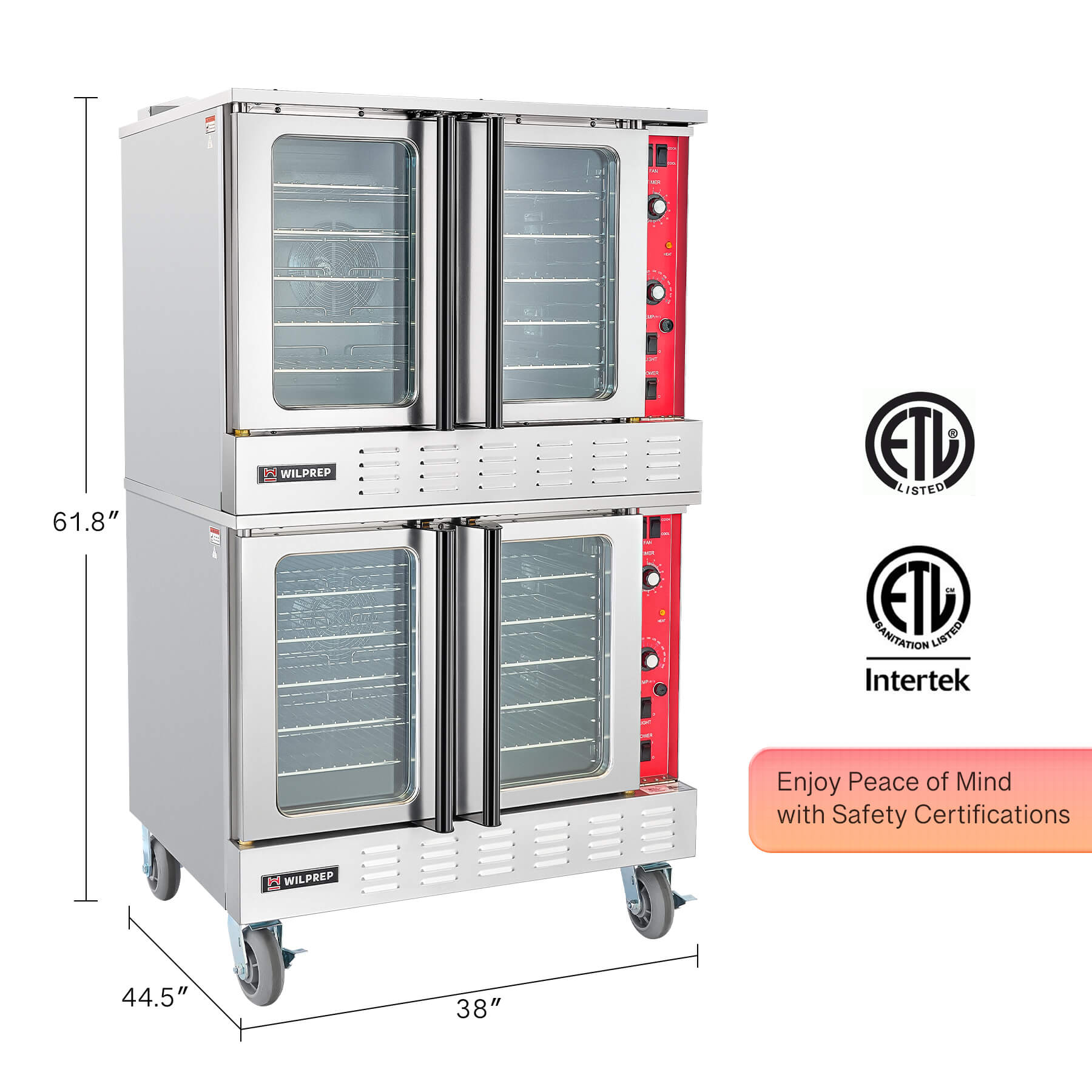 A double deck electric commercial convection oven with glass doors and control panels on the front,with safety certification