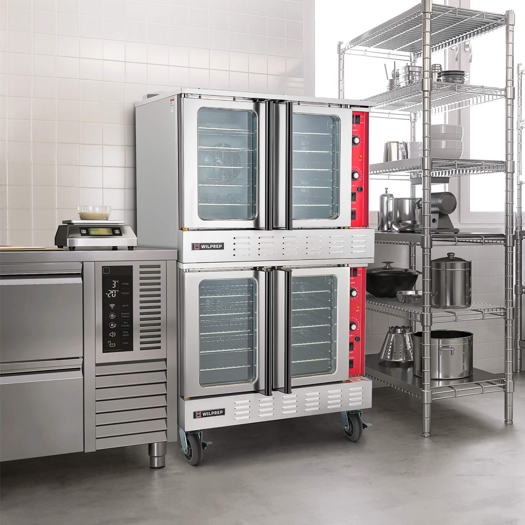 A double deck electric commercial convection oven with glass doors and control panels on the front, with built-in convection fan and two separate chambers