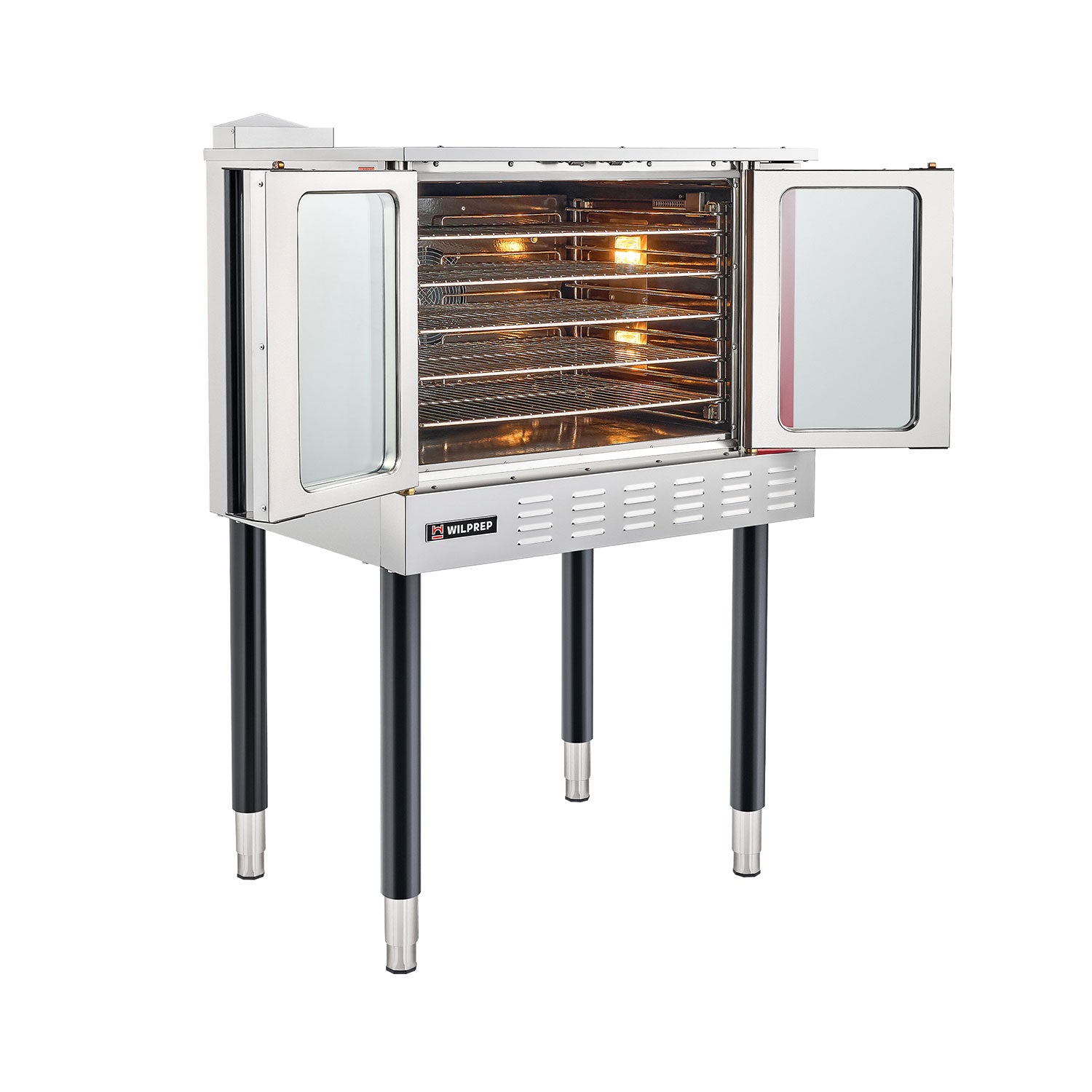 A commercial gas convection oven with glass doors, primarily stainless steel in color.
