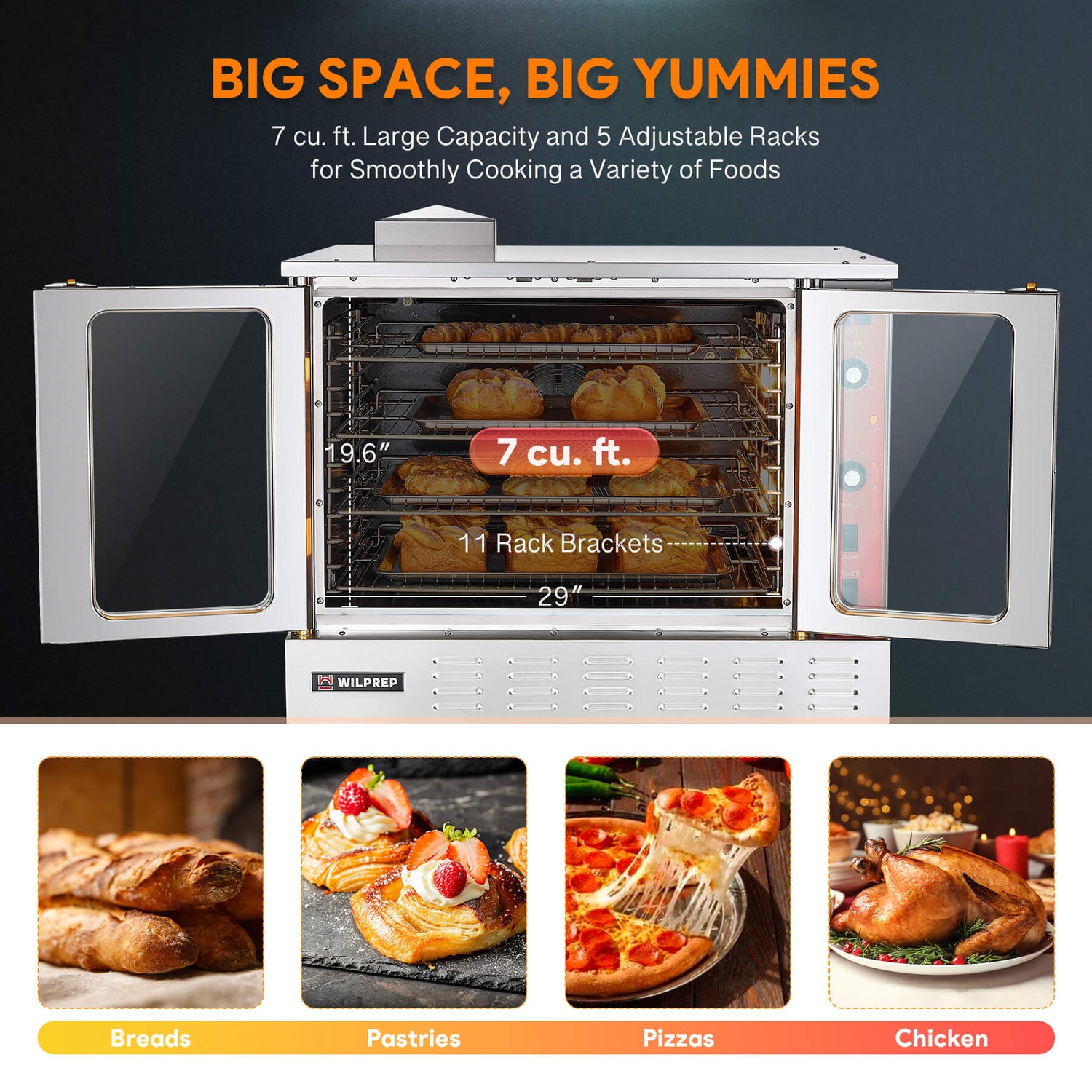 Single-deck commercial gas convection oven with stainless steel body, porcelain interior, glass door, control panel, and 7 cu. ft. capacity with adjustable racks on a plain background