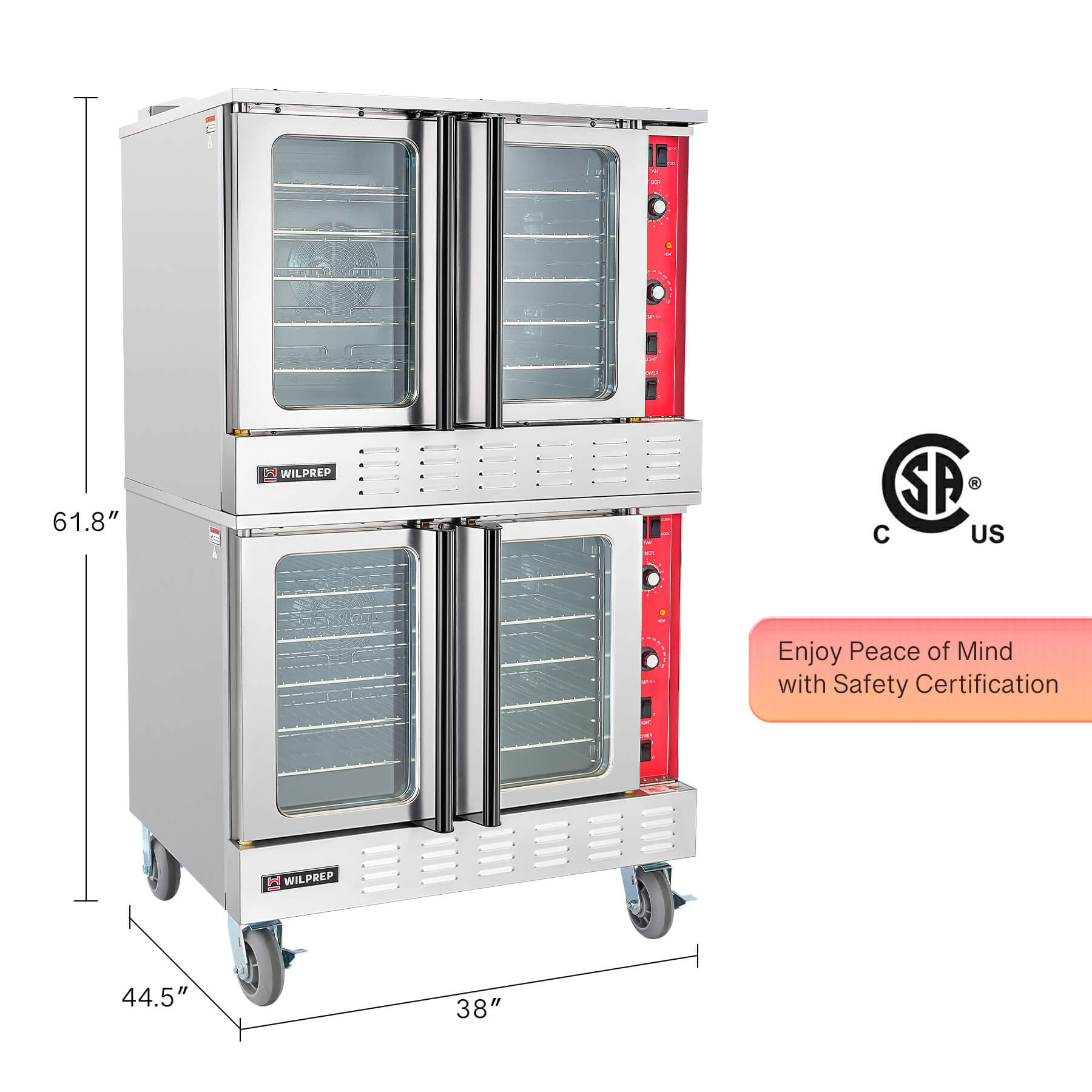 A commercial gas convection oven with double deck and glass doors, primarily stainless steel in color，with Safety certification.
