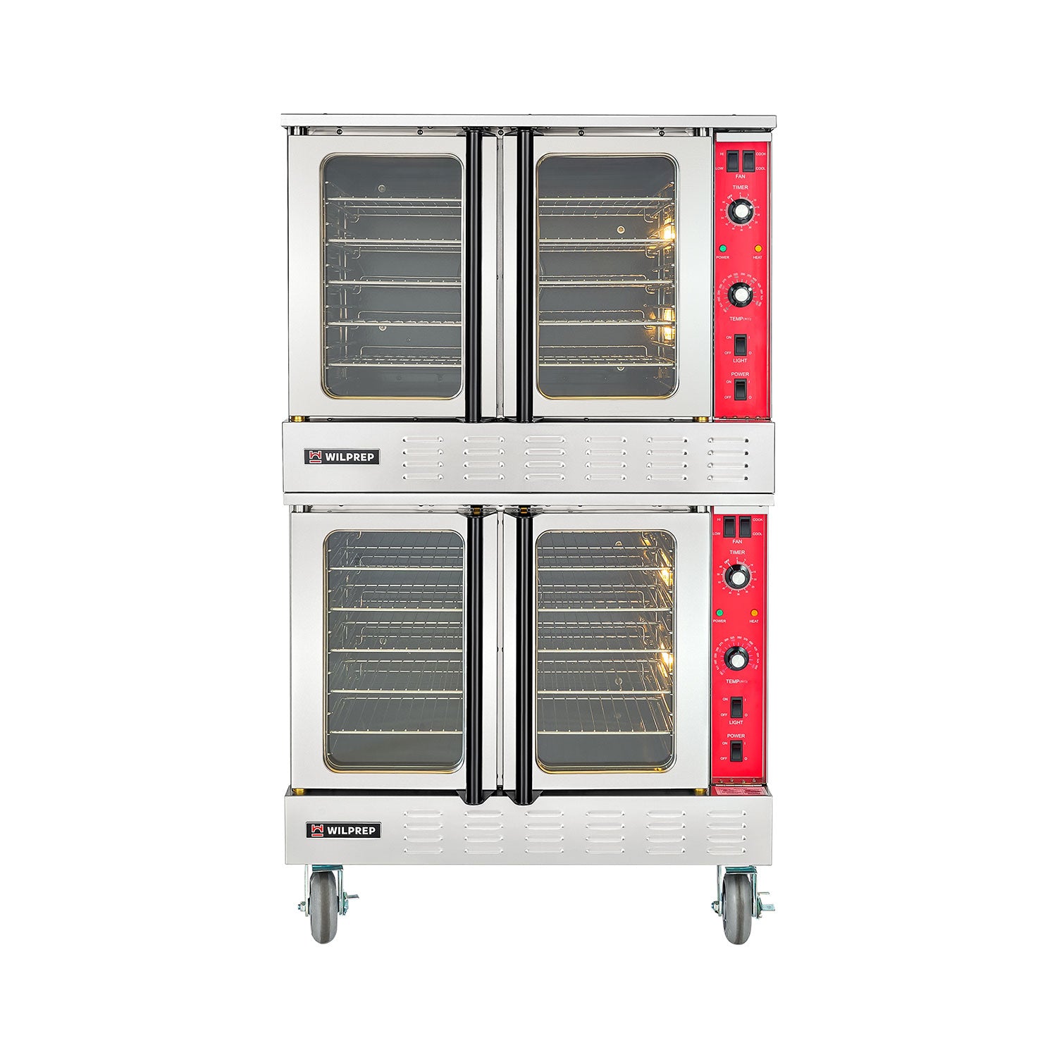 Silver and red double-deck commercial gas convection oven