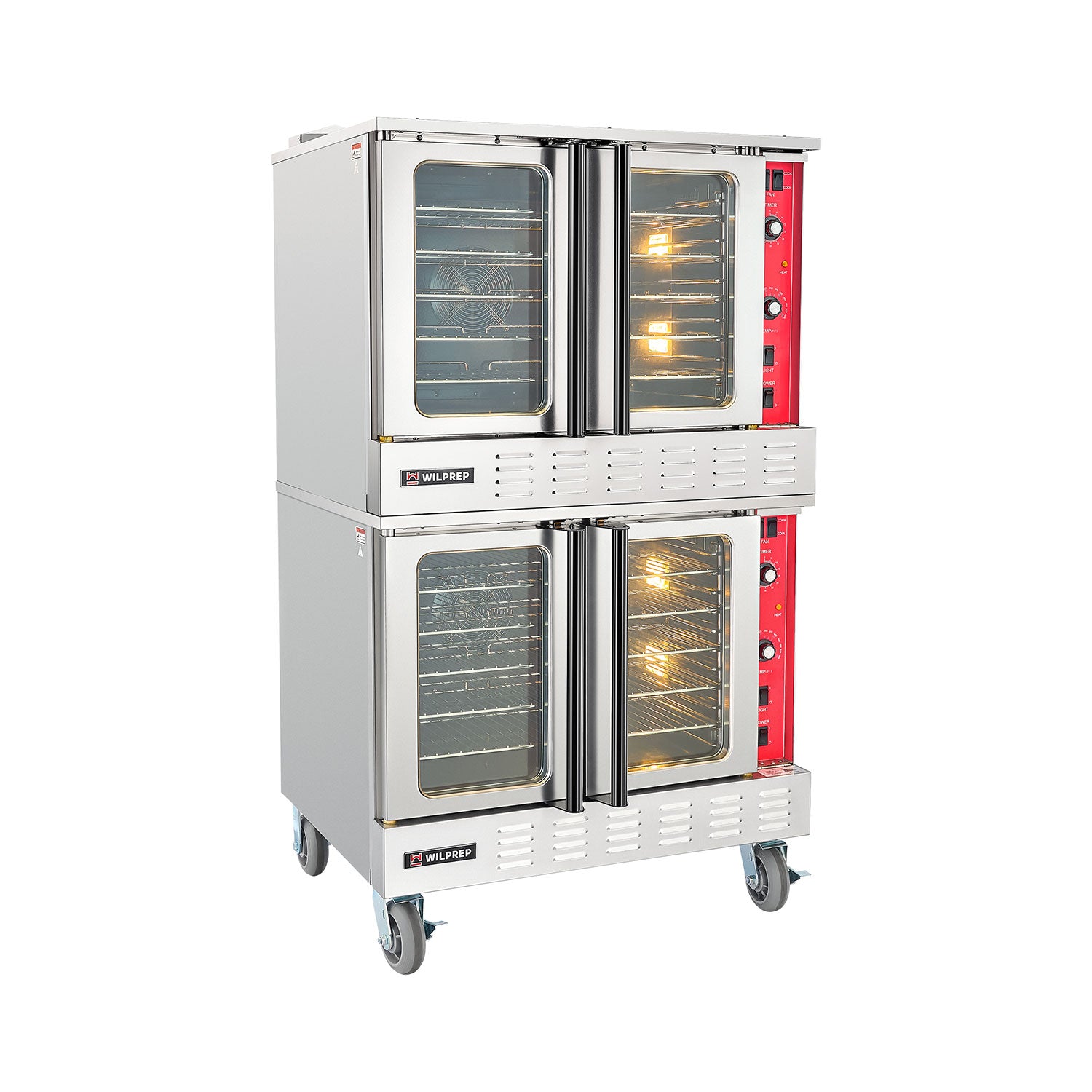 Silver and red commercial gas convection oven double deck on a white background, 108000 BTU with 14 cu ft capacity
