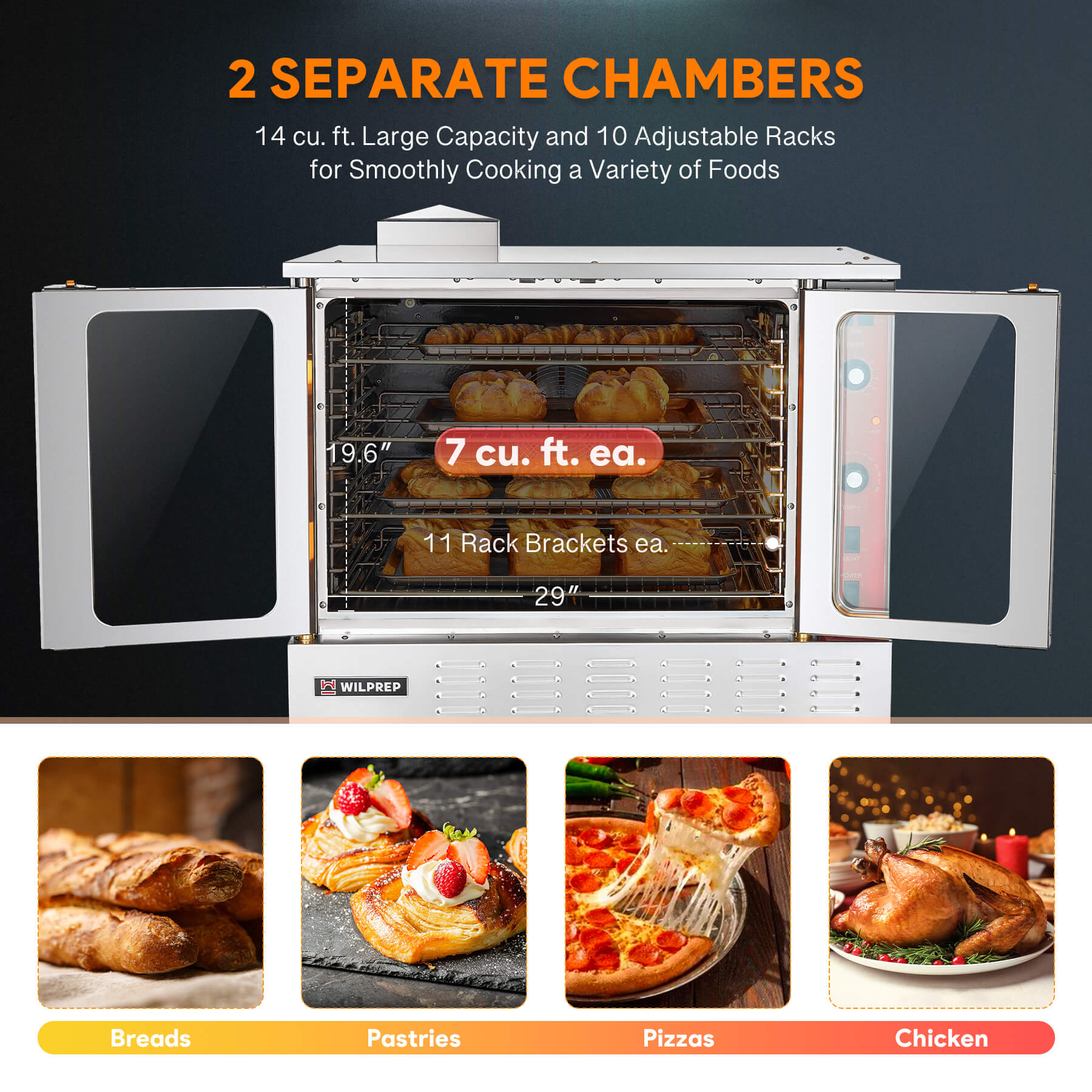 Stainless steel double-deck commercial gas convection oven with automatic ignition system, built-in convection fan with two speed options, and clear glass doors for efficient and even cooking on a white background