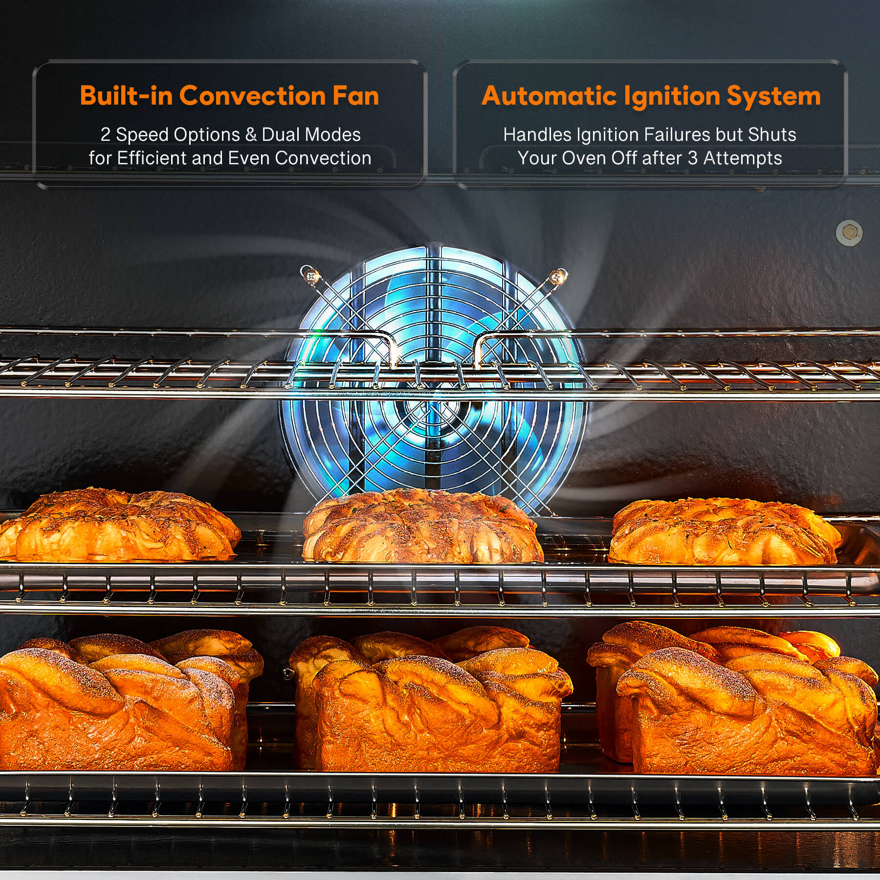 Stainless steel double-deck commercial gas convection oven with automatic ignition system, built-in convection fan with two speed options, and clear glass doors for efficient and even cooking on a white background