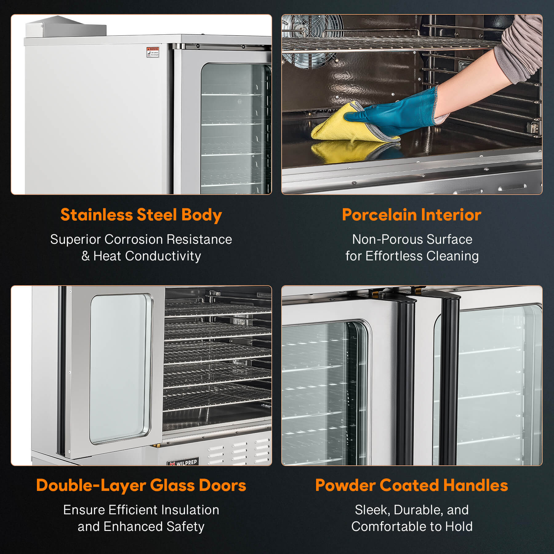 Stainless steel double-deck commercial gas convection oven with porcelain interior, double-layer glass doors, and powder-coated handles for durability, heat insulation, and easy cleaning on a white background
