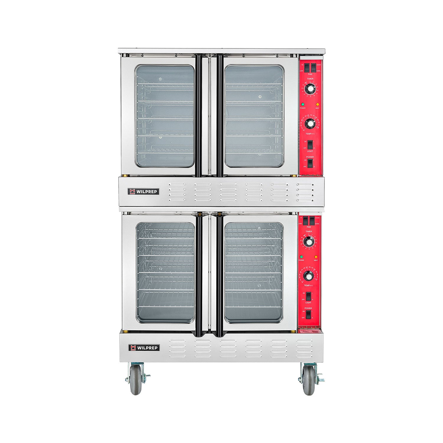 A commercial gas convection oven with double deck and glass doors, primarily stainless steel in color.