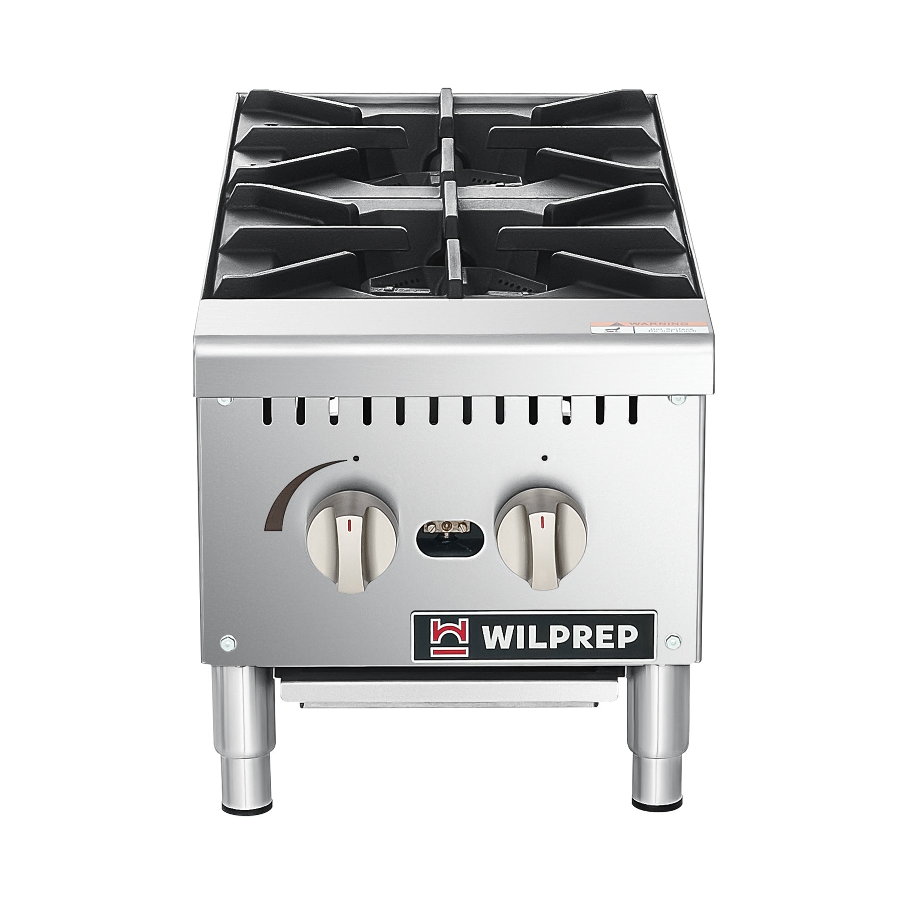 A silver-colored 12-inch countertop gas range with two burners and knobs, branded Wilprep.