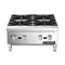 A silver-colored 24 inch propane gas range with natural gas conversion kit, featuring four burners on a stainless steel surface with knobs for control.