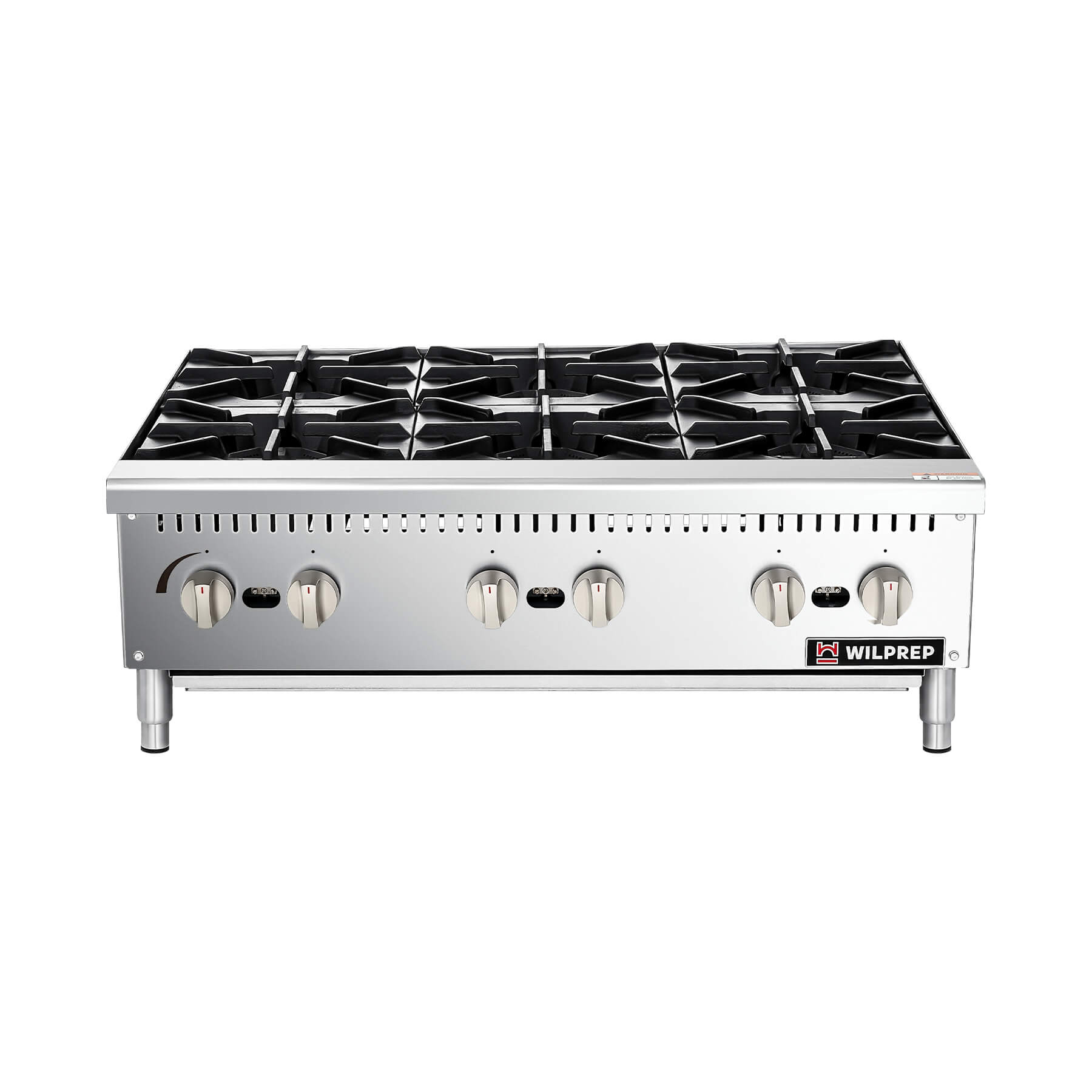 A silver countertop gas range with multiple burners and knobs, branded Wilprep.