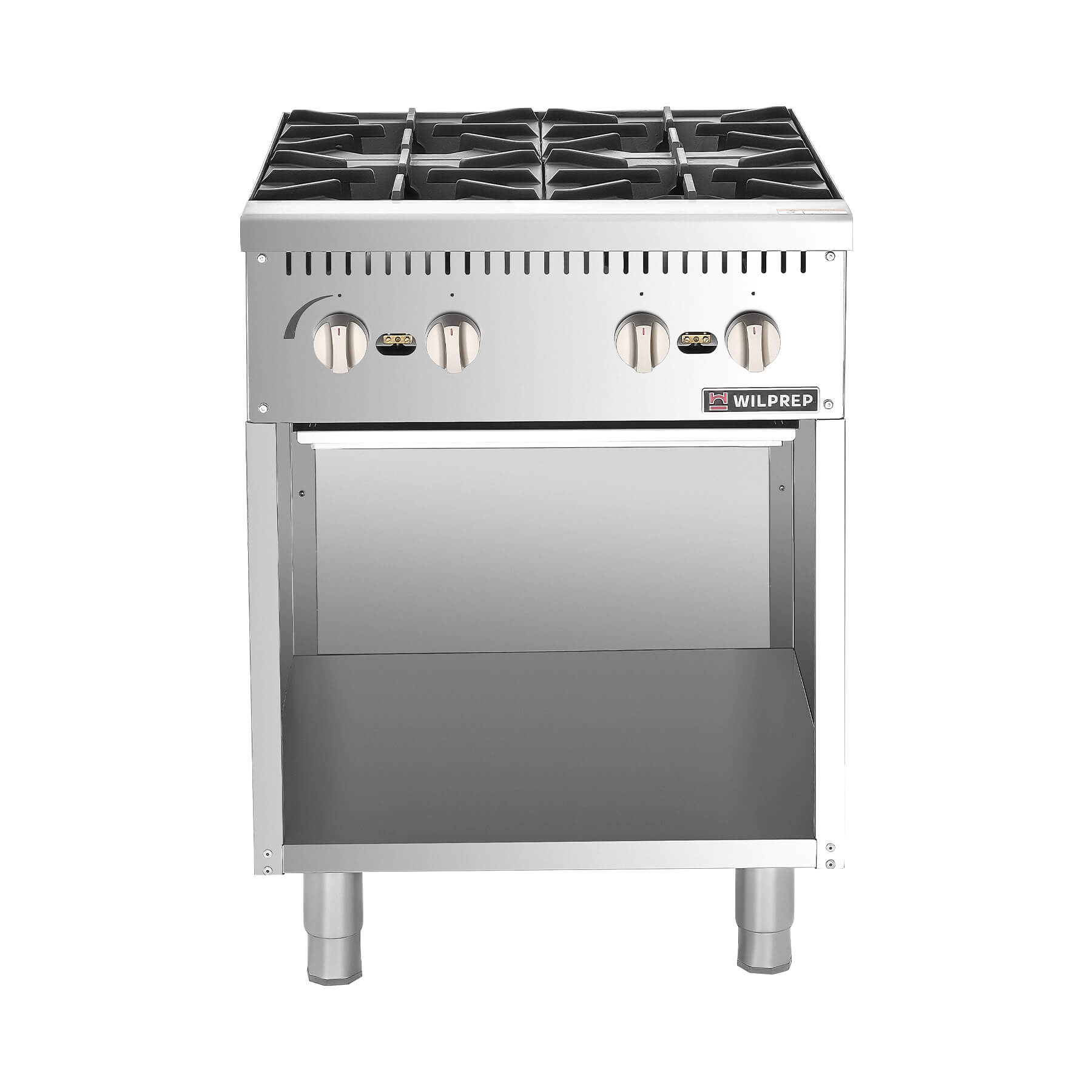 A 24 inch 4-burner commercial gas range with a storage base, made of stainless steel, by Wilprep.