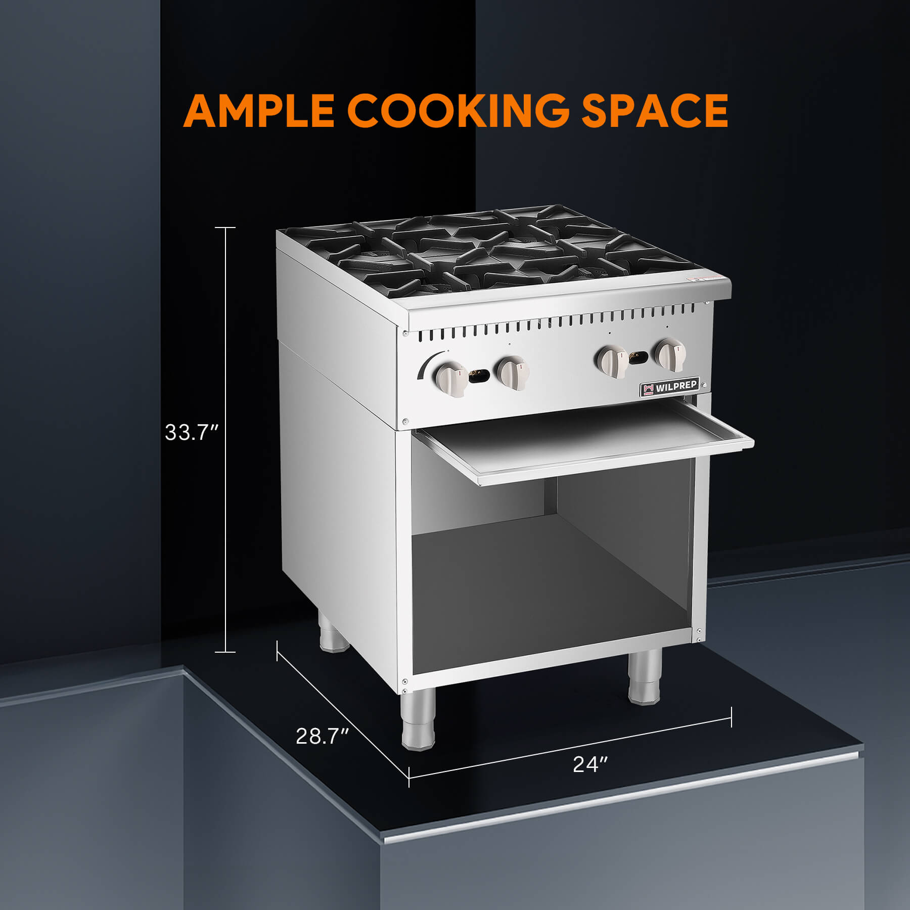 A 24 inch 4-burner commercial gas range with a storage base, made of stainless steel, by Wilprep.
