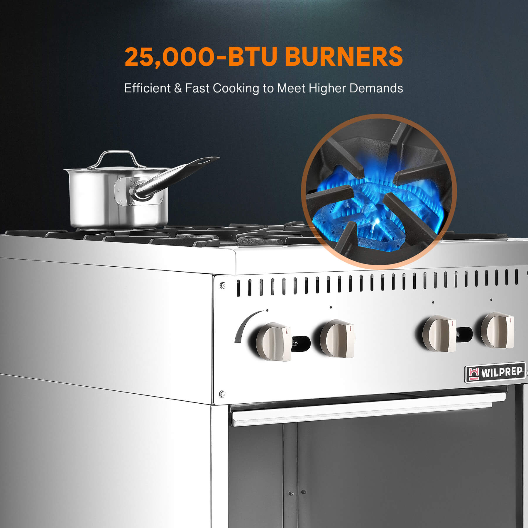 A 24 inch 4-burner commercial gas range with a storage base, made of stainless steel, by Wilprep.