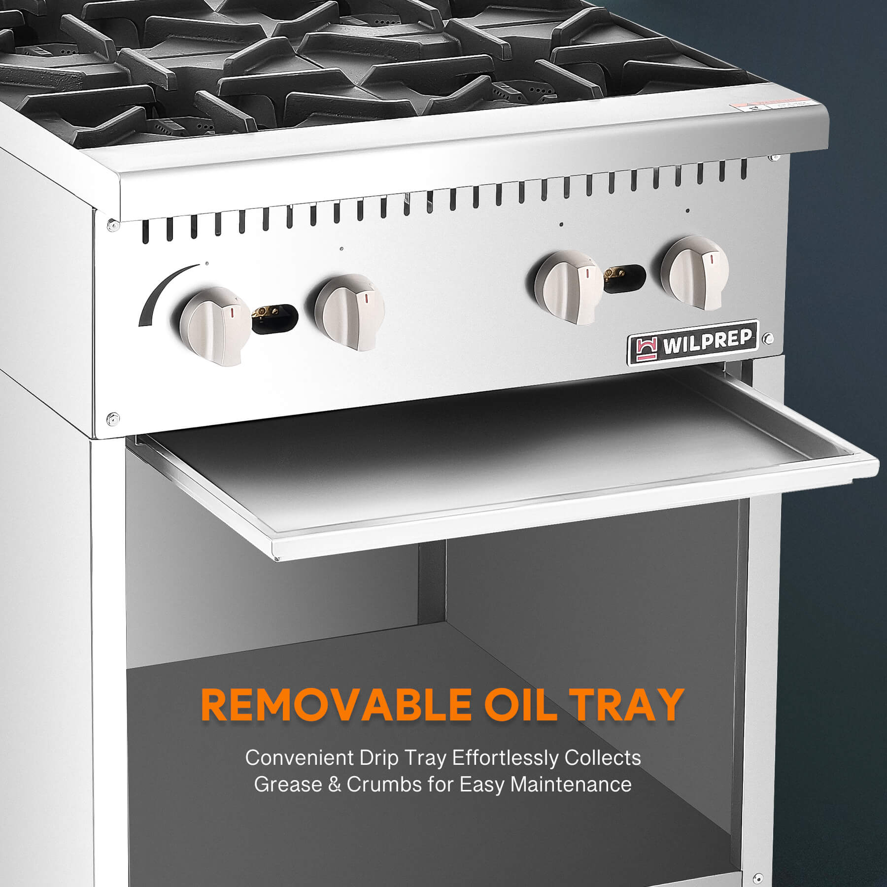 A 24 inch 4-burner commercial gas range with a storage base, made of stainless steel, by Wilprep.