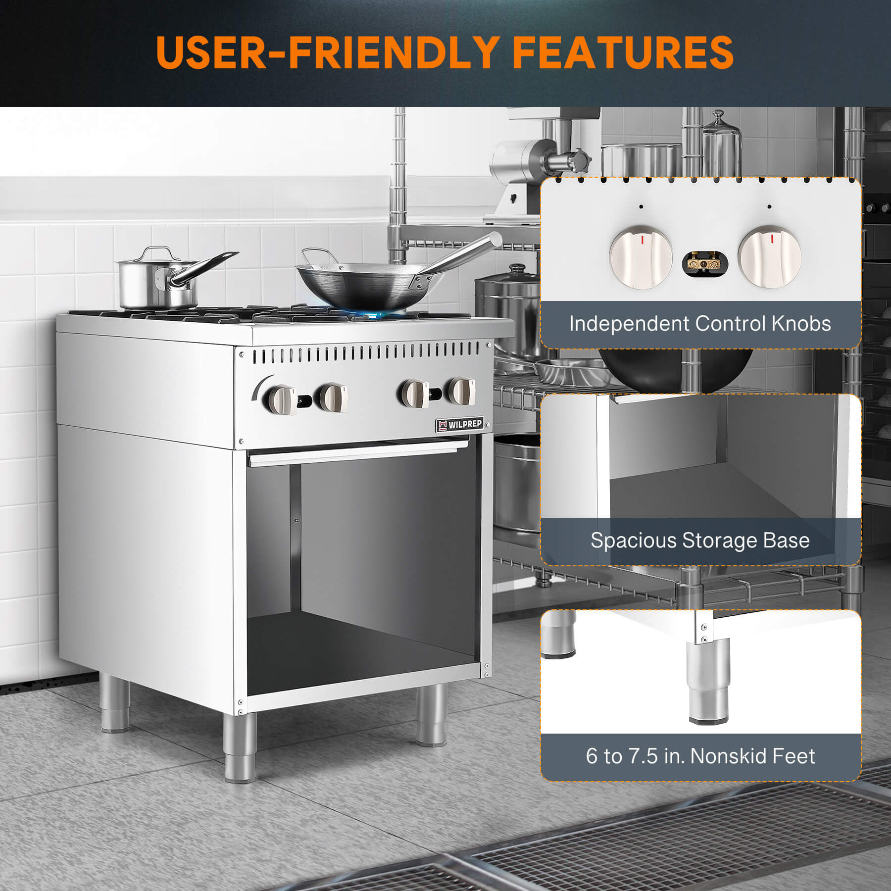 A 24 inch 4-burner commercial gas range with a storage base, made of stainless steel, by Wilprep.