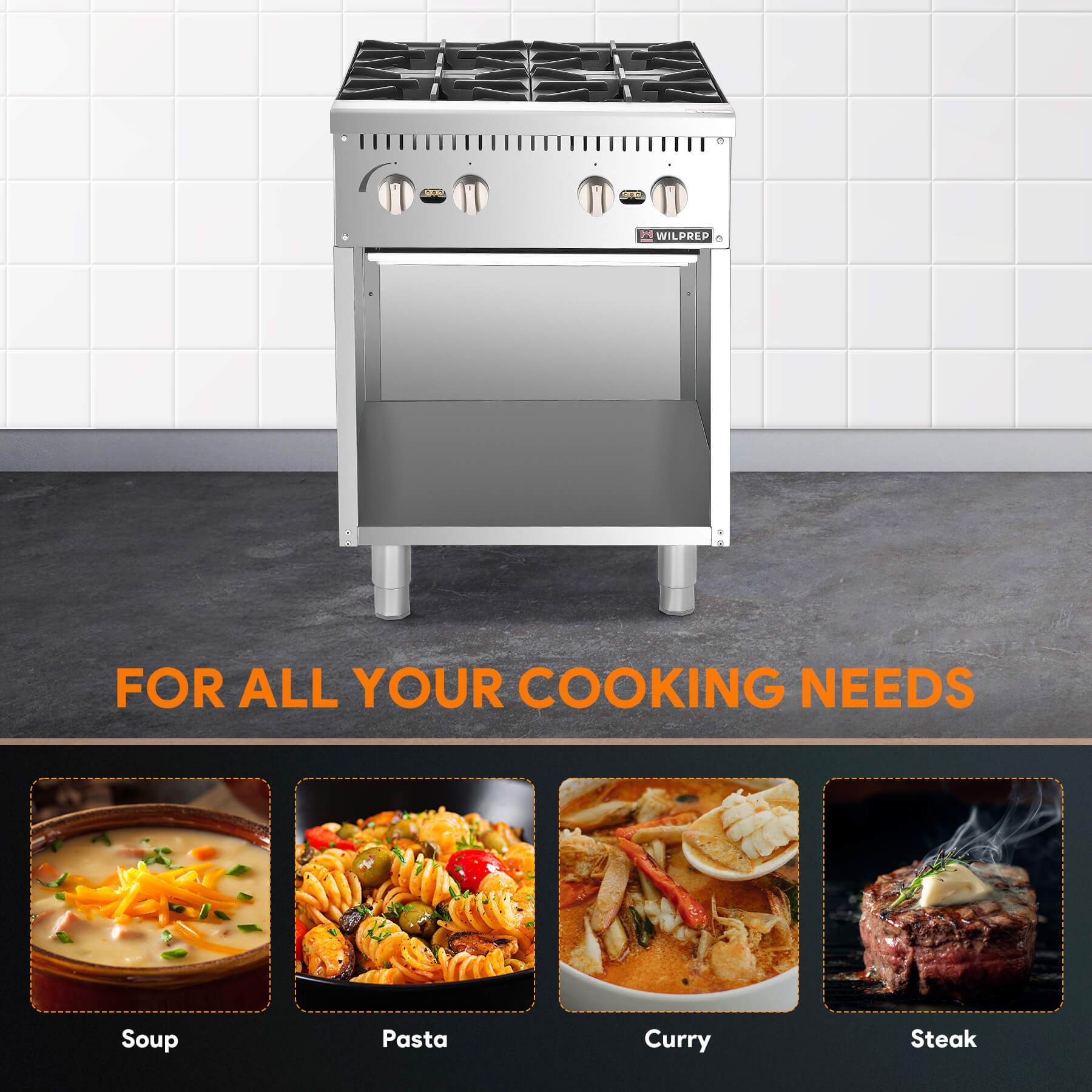 A 24 inch 4-burner commercial gas range with a storage base, made of stainless steel, by Wilprep.