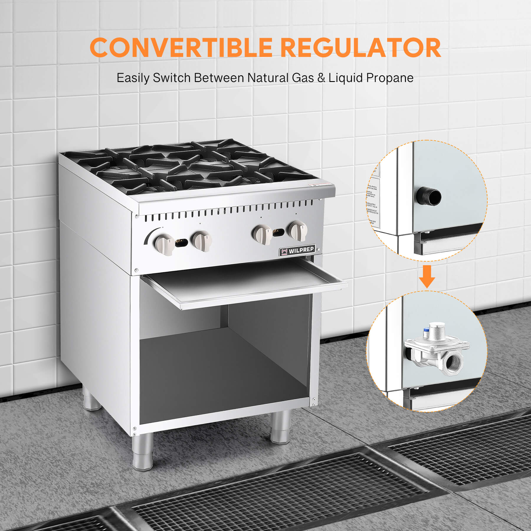 A 24 inch 4-burner commercial gas range with a storage base, made of stainless steel, by Wilprep.