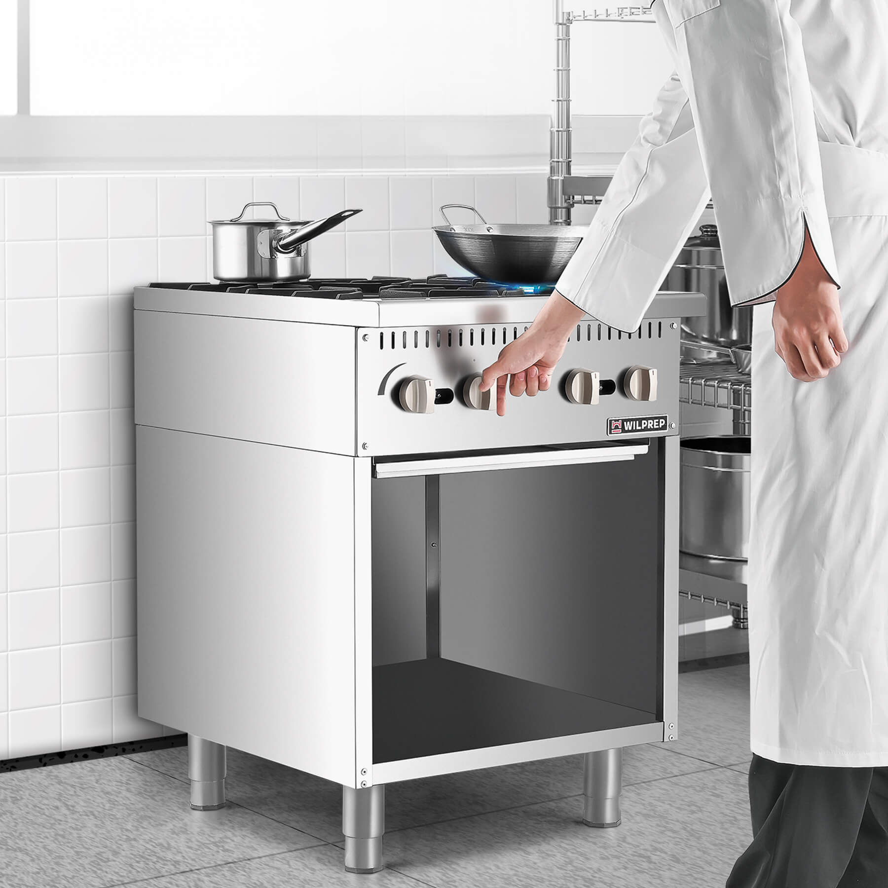 A 24 inch 4-burner commercial gas range with a storage base, made of stainless steel, by Wilprep.