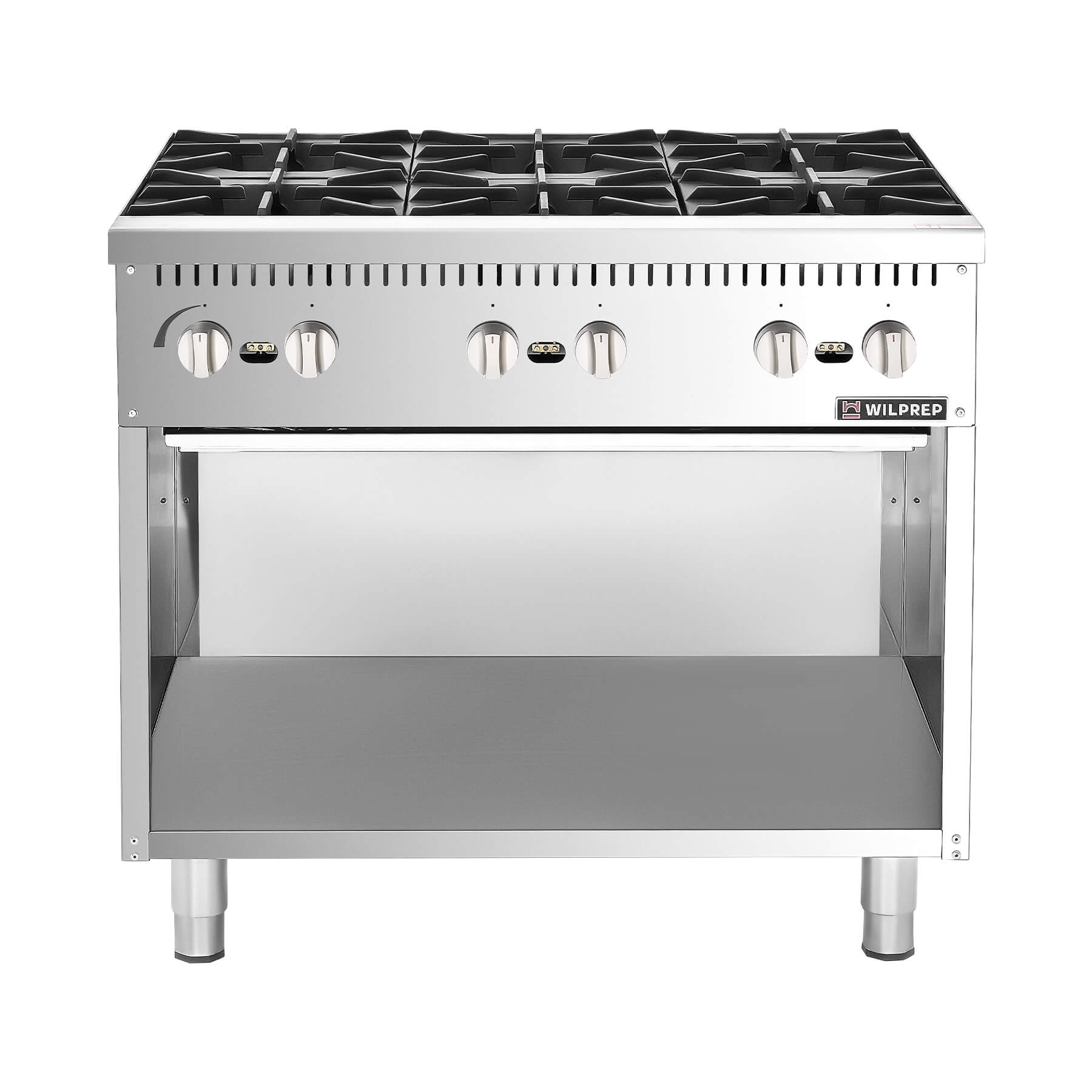 A 36 inch 6-burner commercial gas range with storage base, featuring stainless steel construction and individual burner controls.