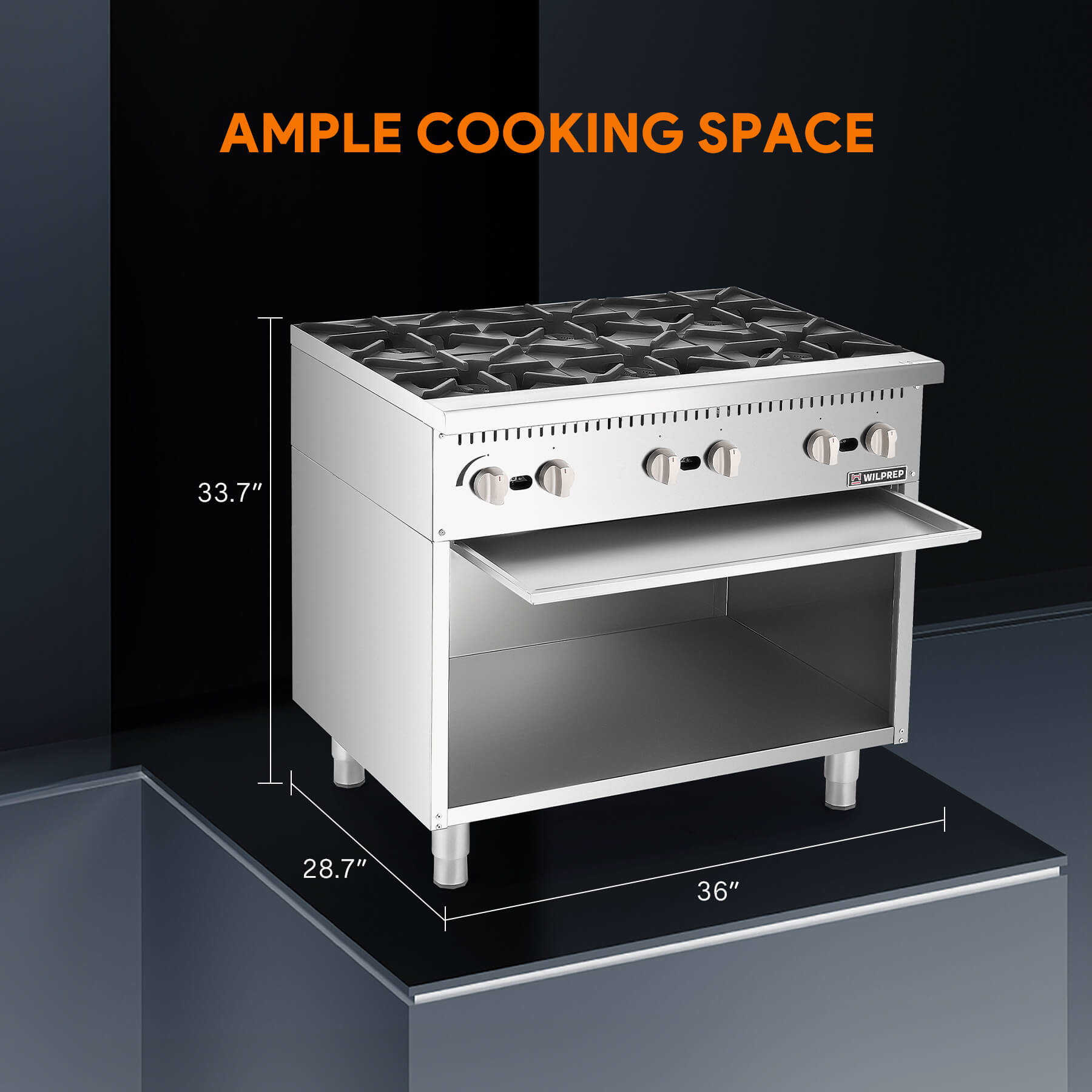 A 36 inch 6-burner commercial gas range with storage base, featuring stainless steel construction and individual burner controls.