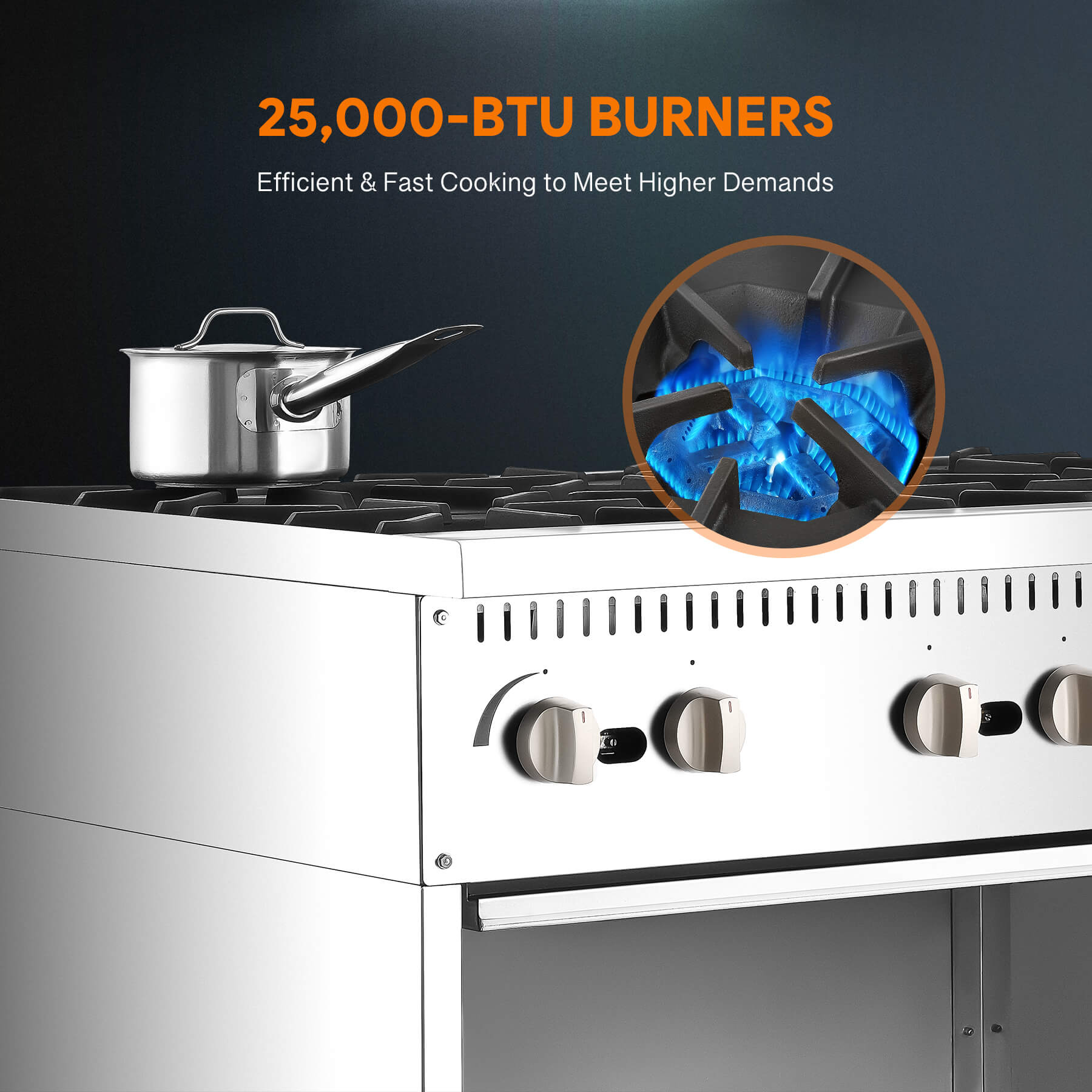 A 36 inch 6-burner commercial gas range with storage base, featuring stainless steel construction and individual burner controls.