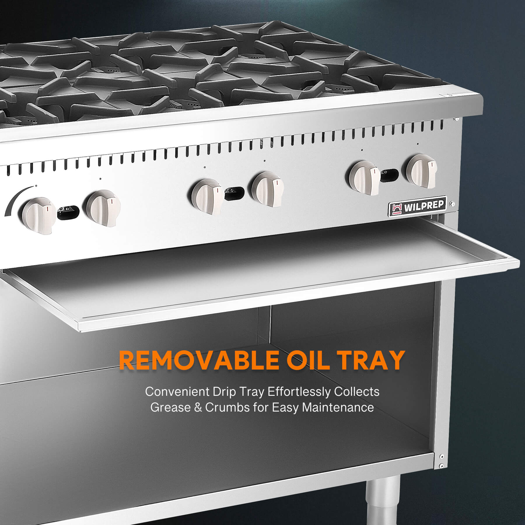 A 36 inch 6-burner commercial gas range with storage base, featuring stainless steel construction and individual burner controls.