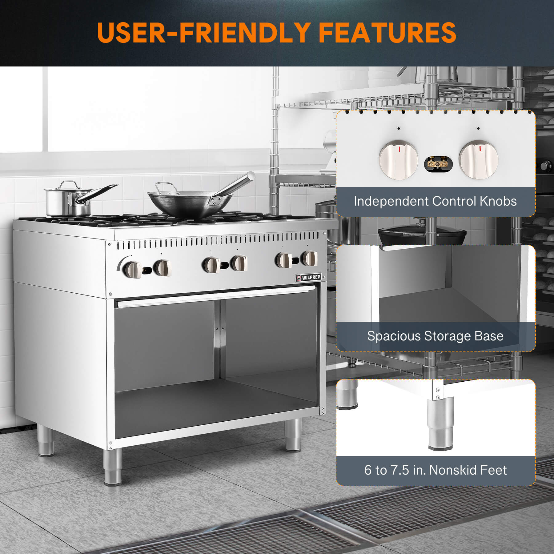 A 36 inch 6-burner commercial gas range with storage base, featuring stainless steel construction and individual burner controls.