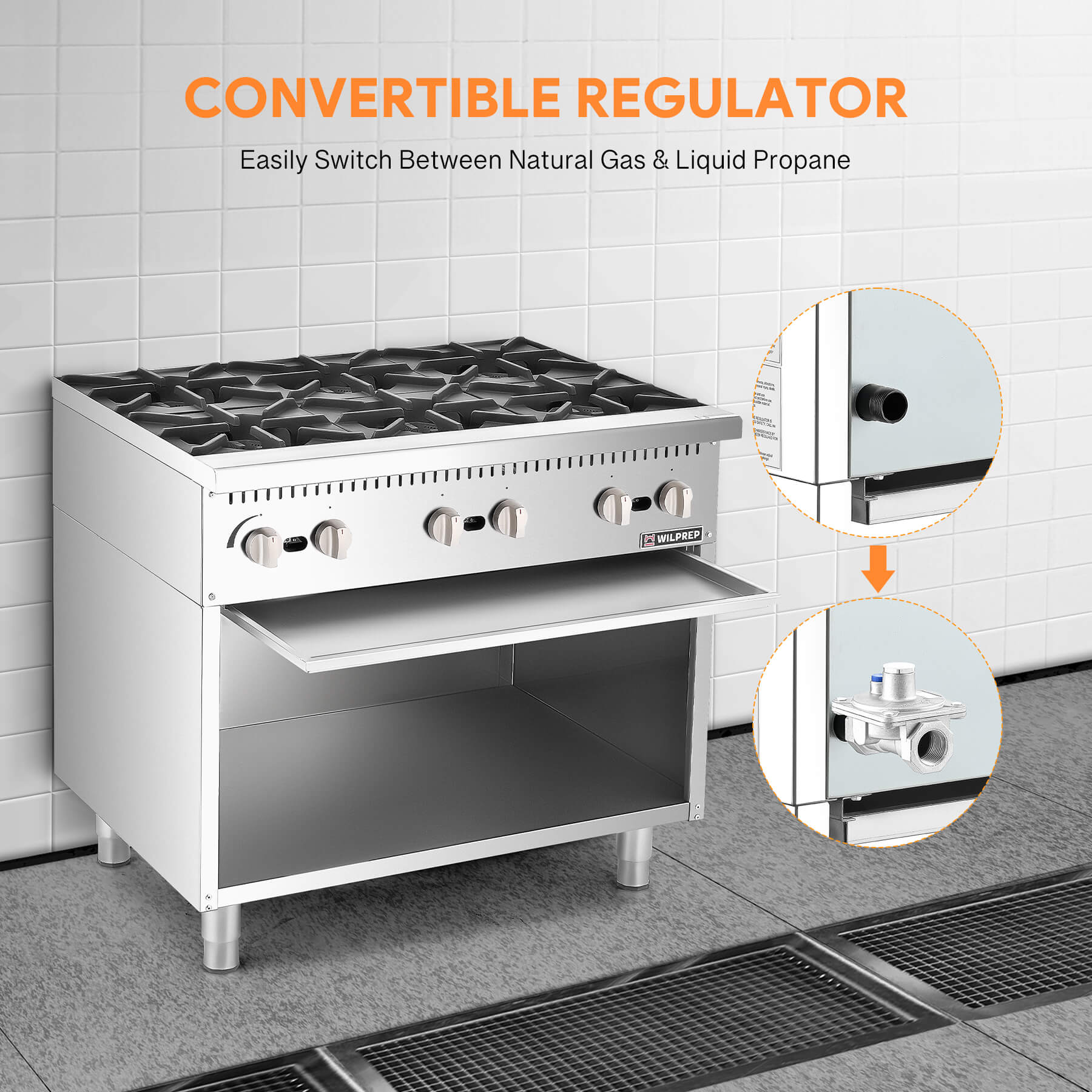 A 36 inch 6-burner commercial gas range with storage base, featuring stainless steel construction and individual burner controls.
