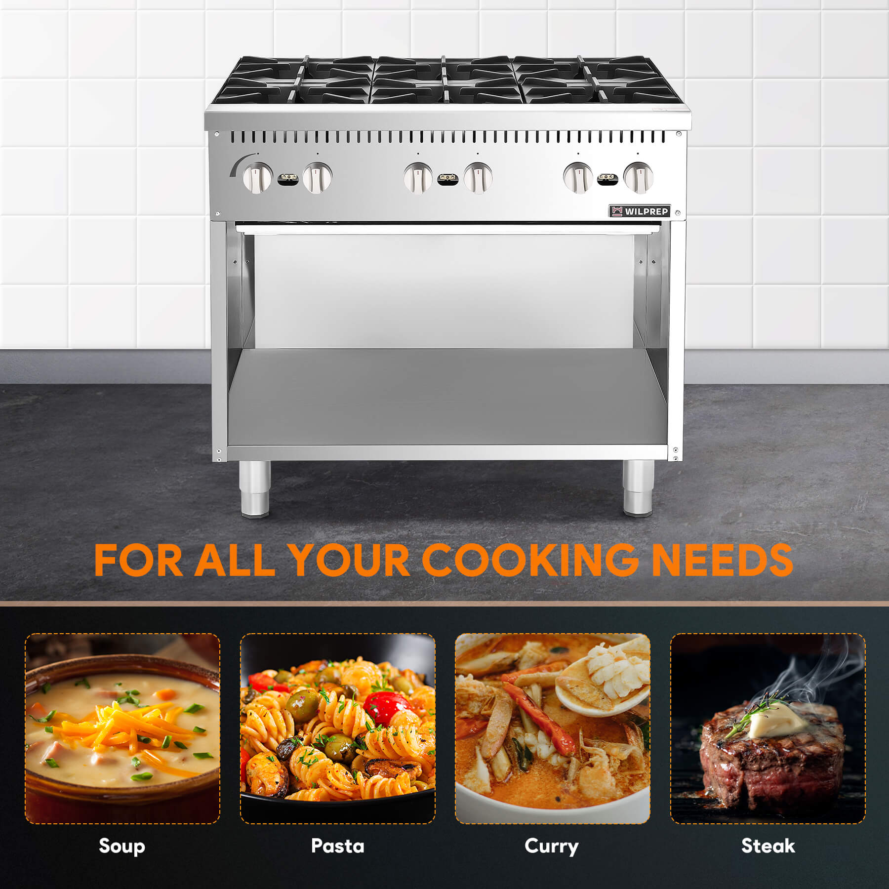 A 36 inch 6-burner commercial gas range with storage base, featuring stainless steel construction and individual burner controls.