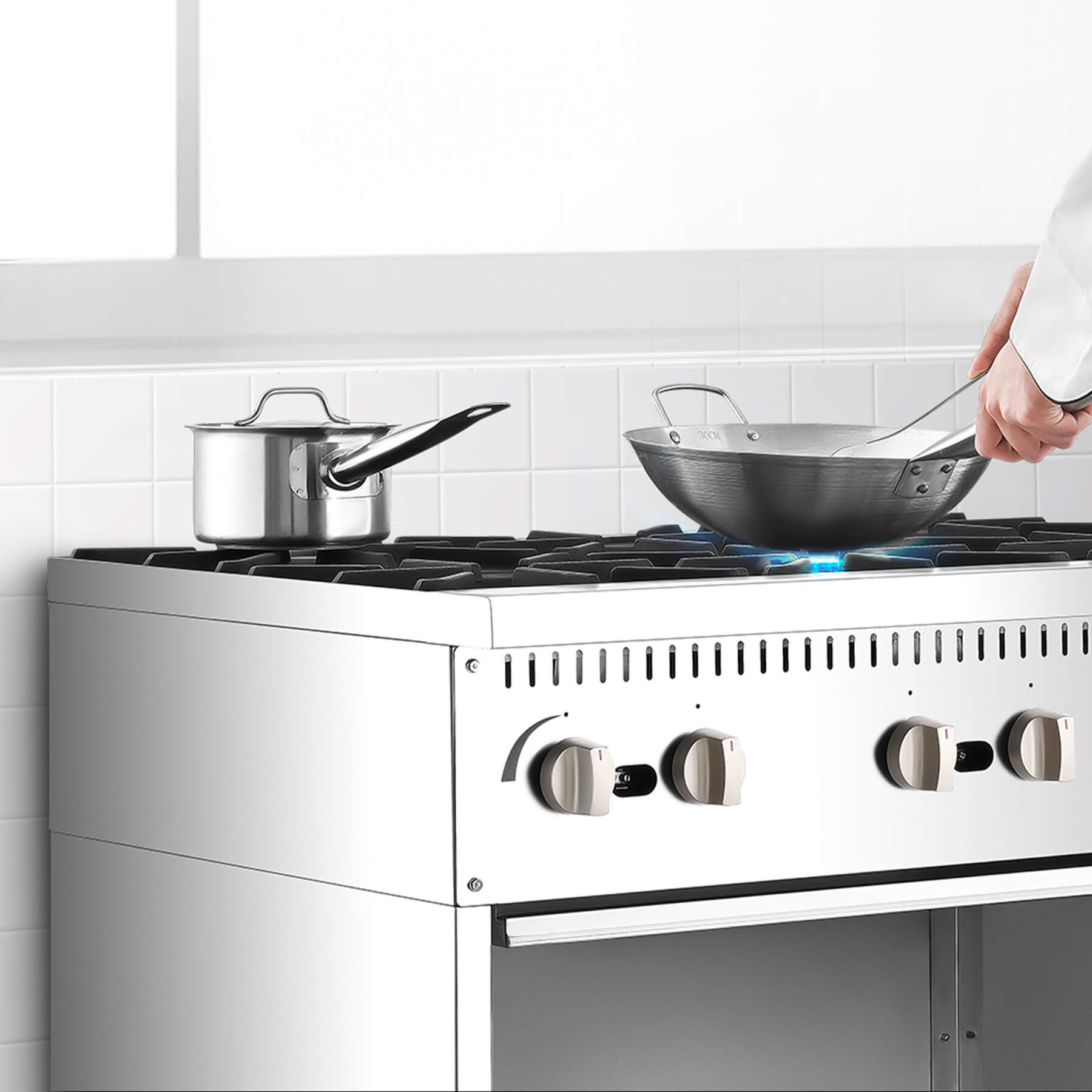 A 36 inch 6-burner commercial gas range with storage base, featuring stainless steel construction and individual burner controls.