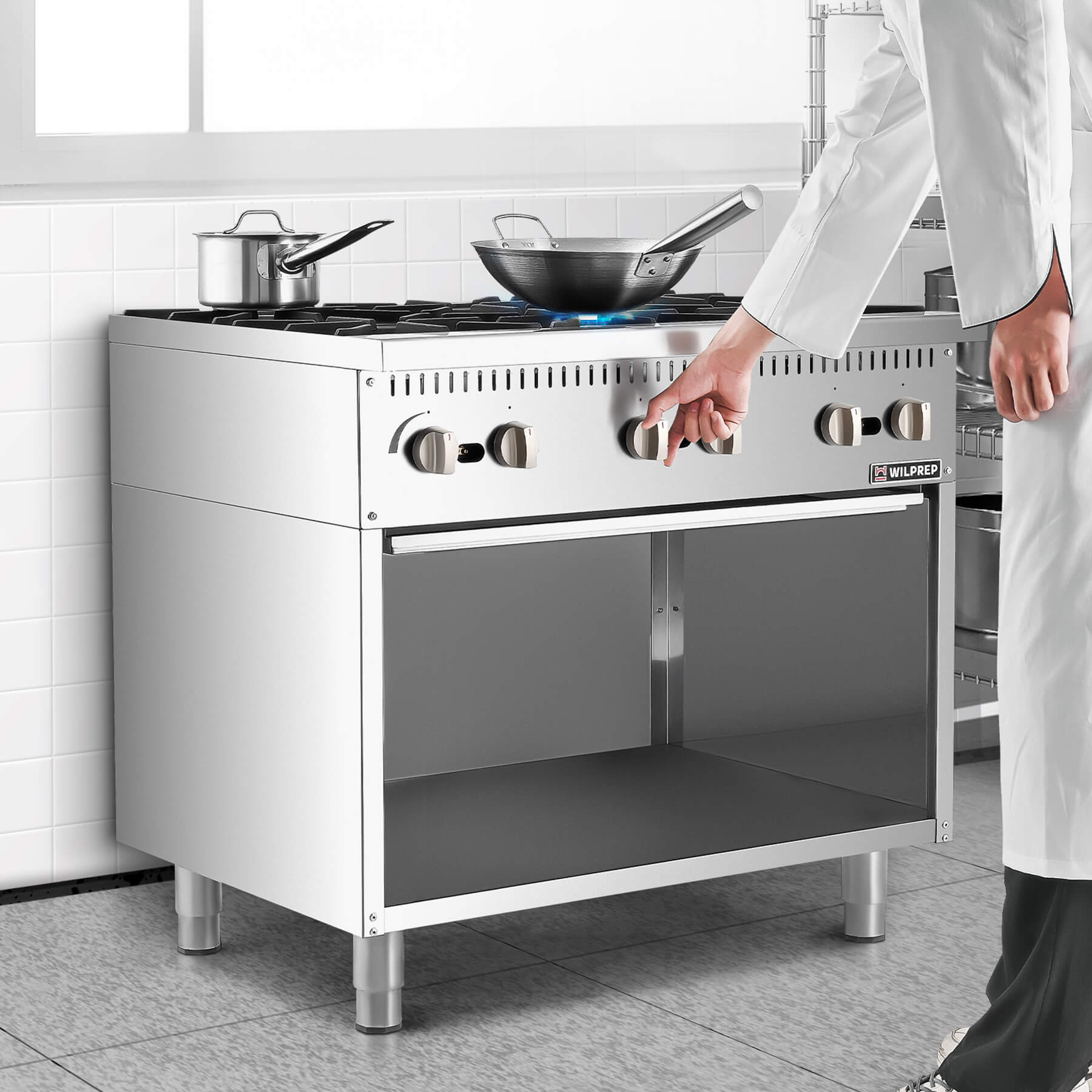 A 36 inch 6-burner commercial gas range with storage base, featuring stainless steel construction and individual burner controls.