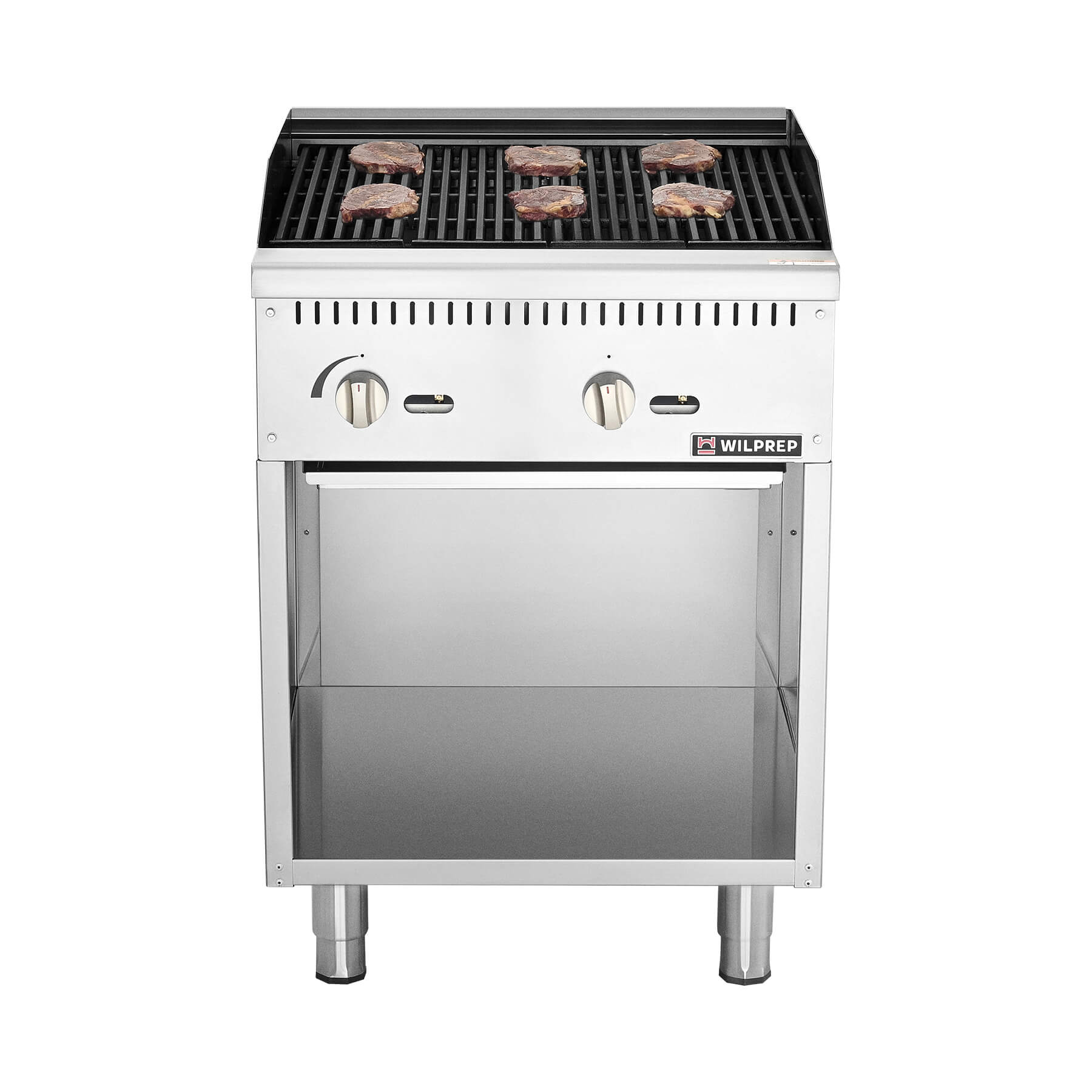 A 24-inch Wilprep natural gas charbroiler with two burners, reversible grates, and a storage base beneath, presented in a stainless steel finish.