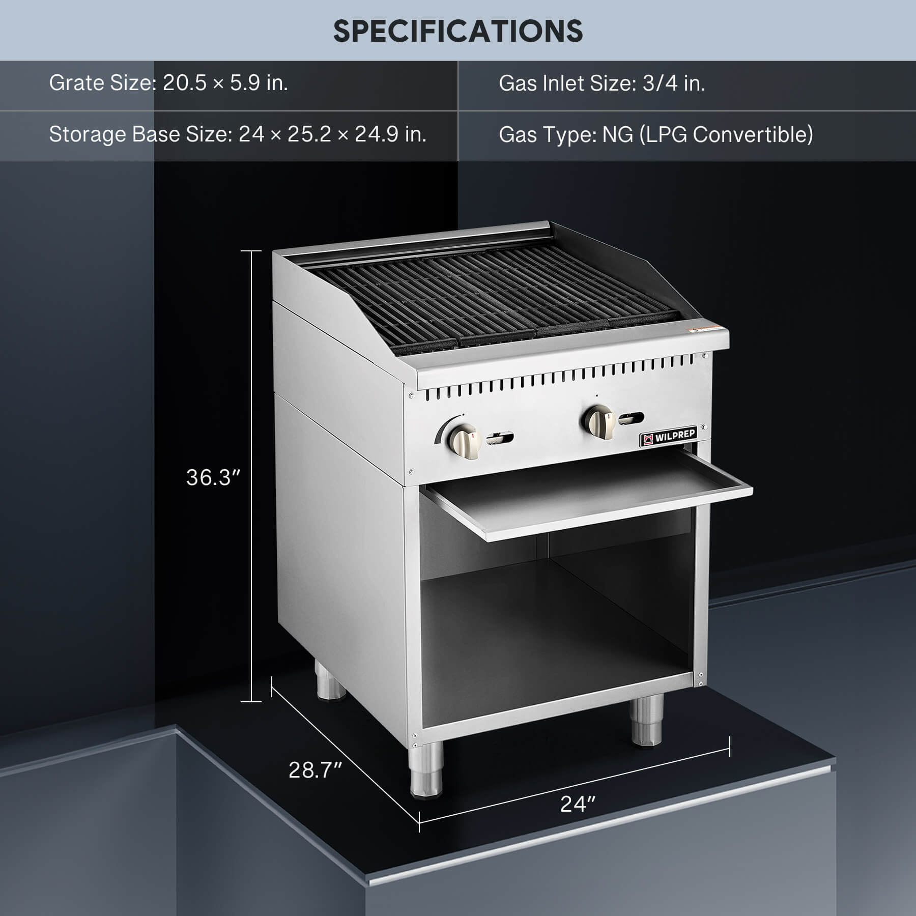 A 24-inch Wilprep comercial natural gas charbroiler with two burners, reversible grates, and a storage base beneath, presented in a stainless steel finish.