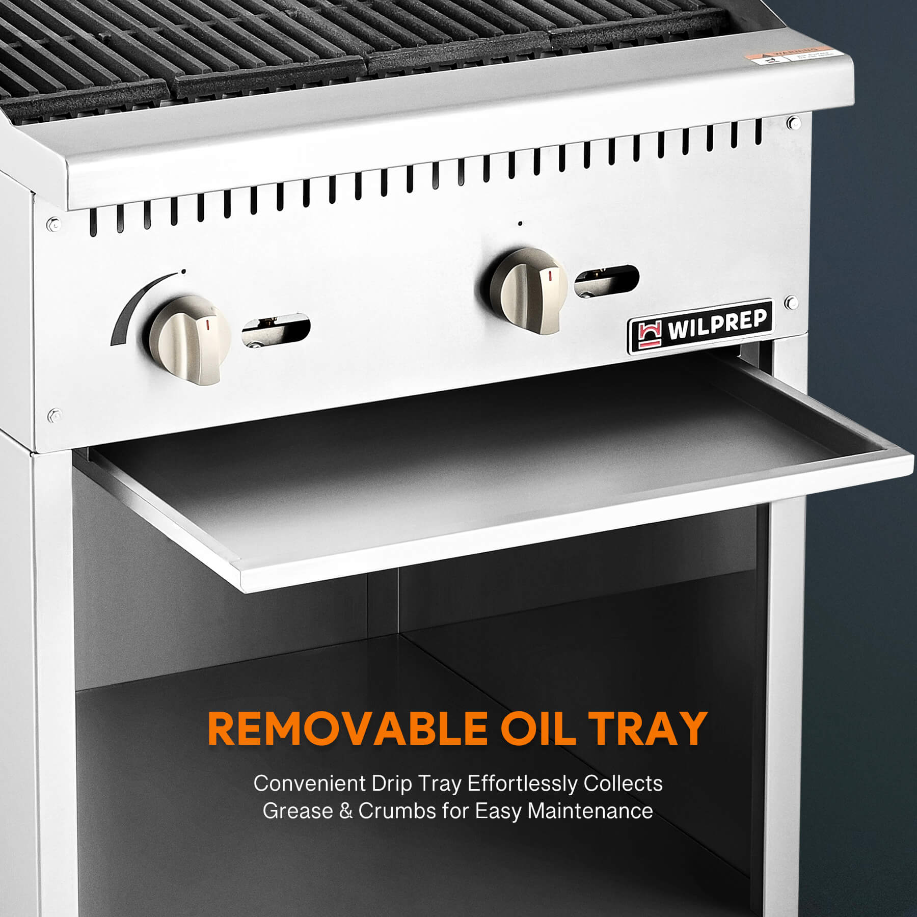 A 24-inch Wilprep comercial natural gas charbroiler with two burners, reversible grates, and a storage base beneath, presented in a stainless steel finish.
