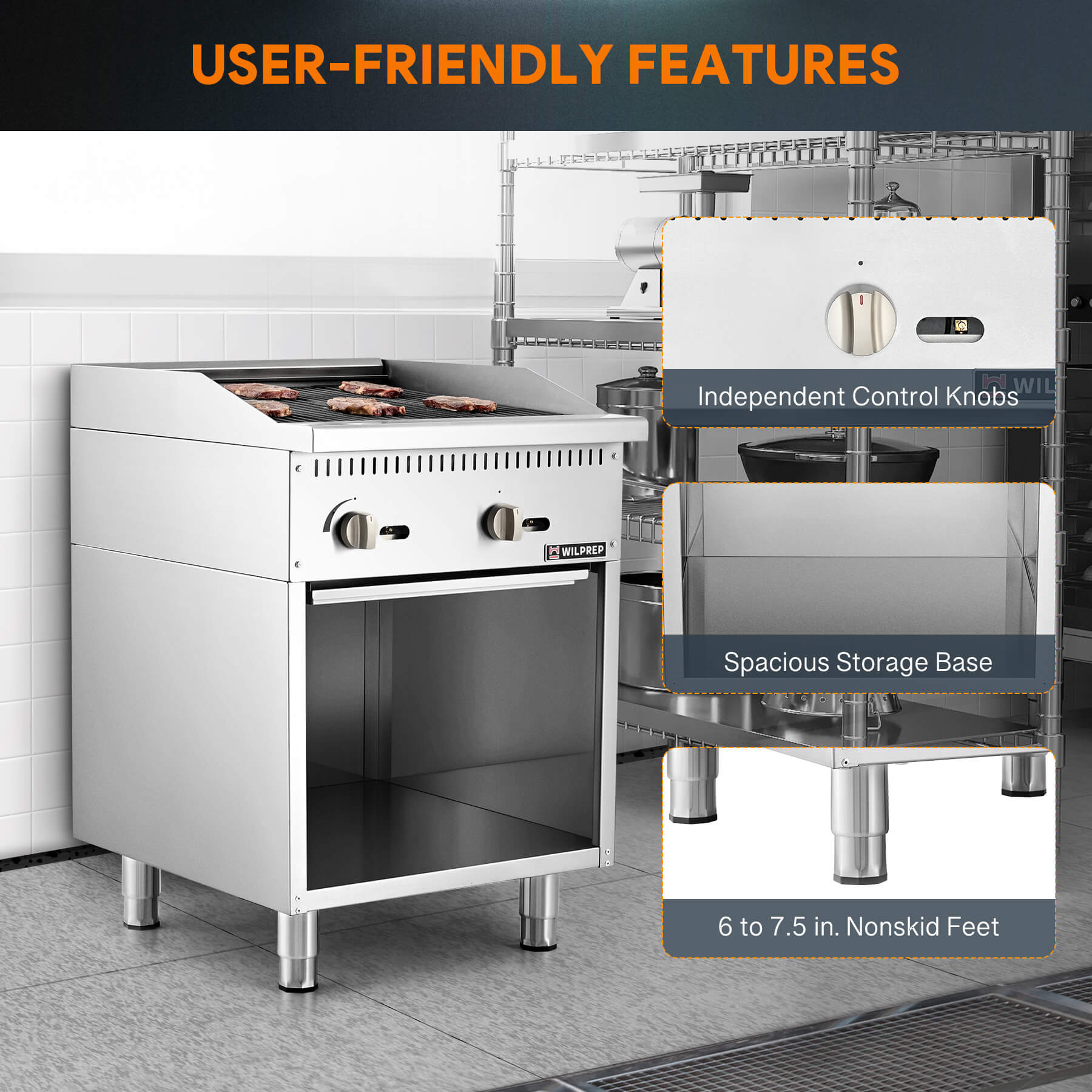A 24-inch Wilprep comercial natural gas charbroiler with two burners, reversible grates, and a storage base beneath, presented in a stainless steel finish.